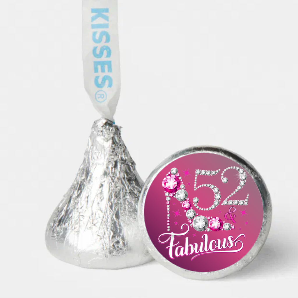 52nd Birthday Party Mini Kiss Candy Labels | Chocolate Candy Stickers | 52 And Fabulous | Elegant Party Favors| Set of 100