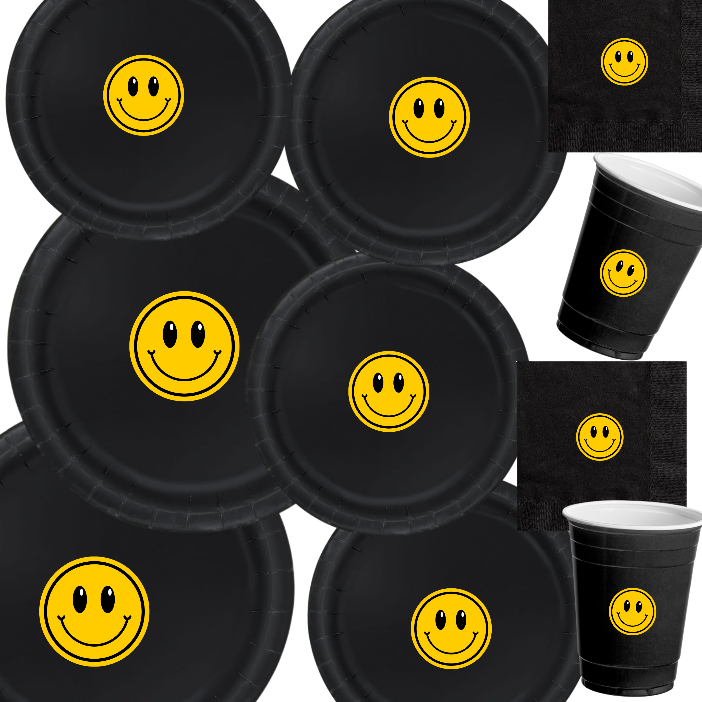 Smiley Face Birthday | Party Tableware Set | Disposable Dinnerware Kit | Happy Mood Design | Cups Napkins Bundle