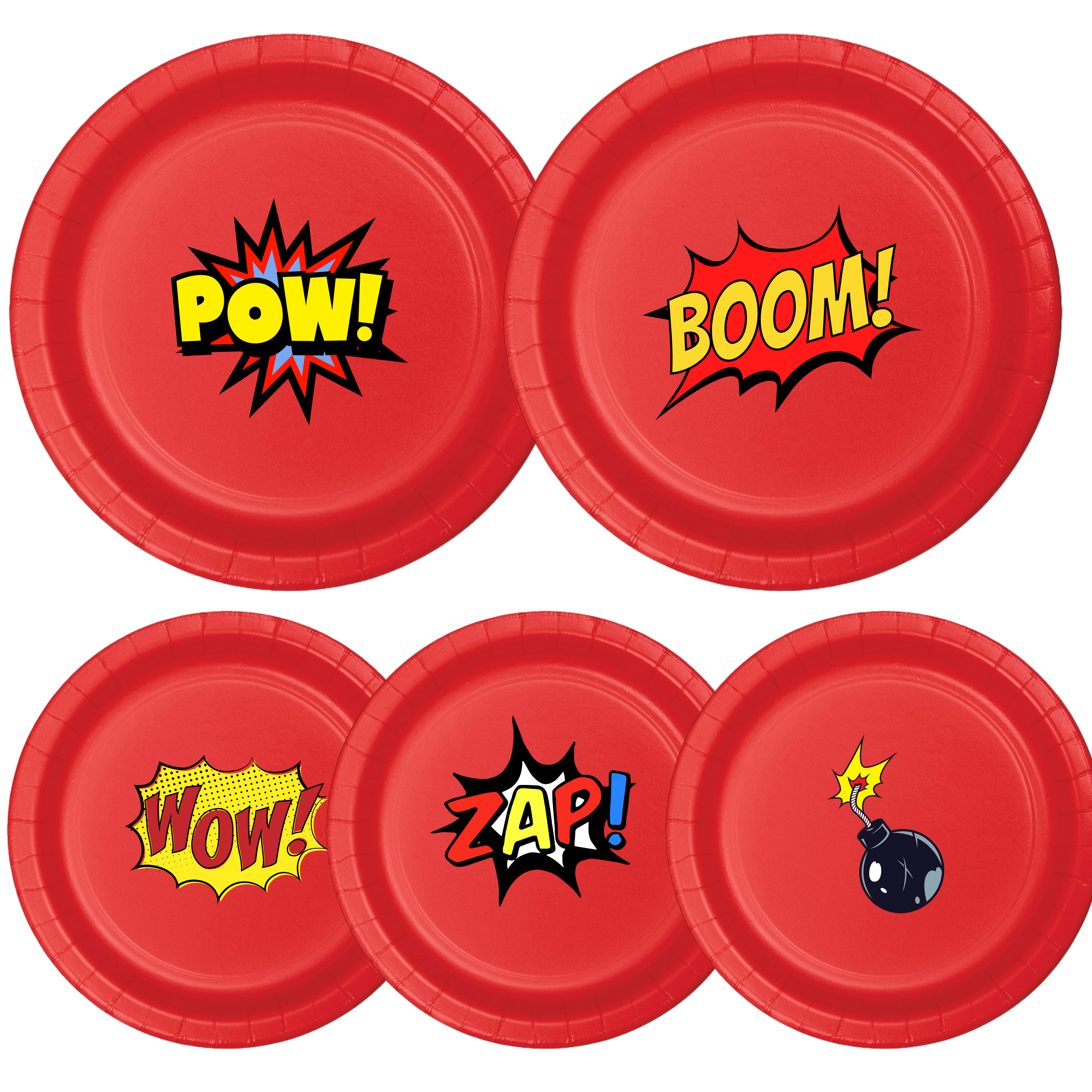 Superhero Birthday Party | Disposable Plates Set | Comic Book Theme | Boom Zap Pow Wow | Matching Party Supplies