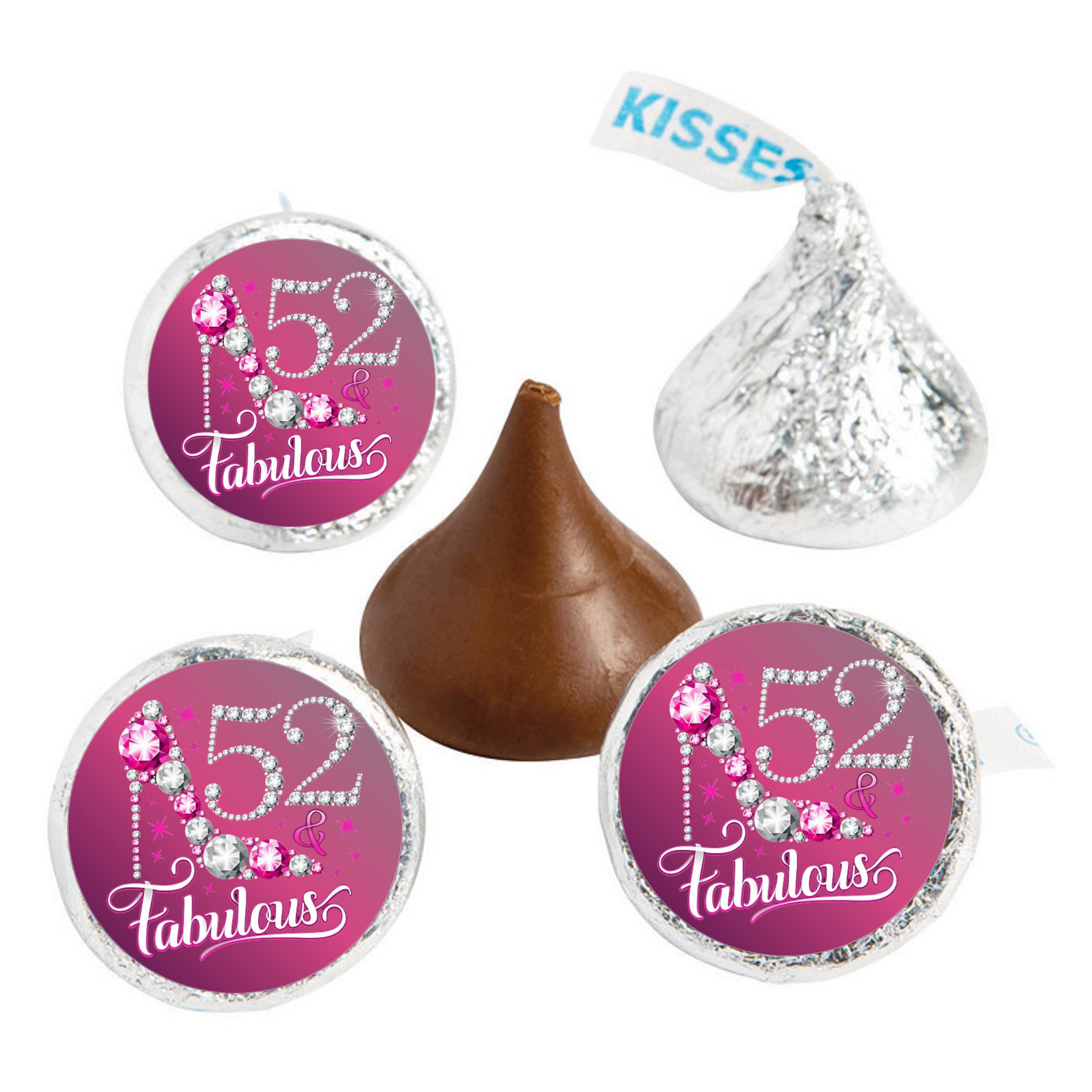 52nd Birthday Party Mini Kiss Candy Labels | Chocolate Candy Stickers | 52 And Fabulous | Elegant Party Favors| Set of 100