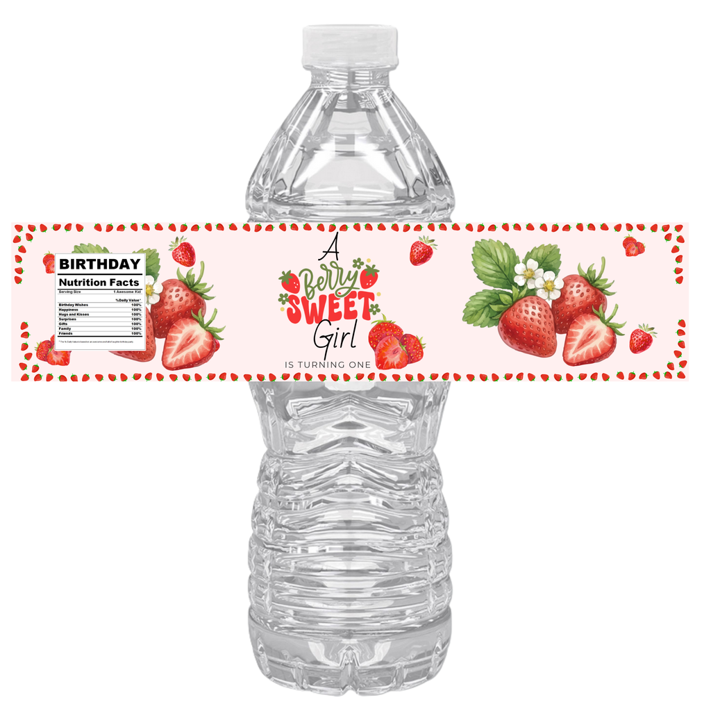 A Berry Sweet Girl Is Turning One | First Birthday Water Bottle Labels | Set Of 12 | Strawberry Theme| Custom Drink Wraps