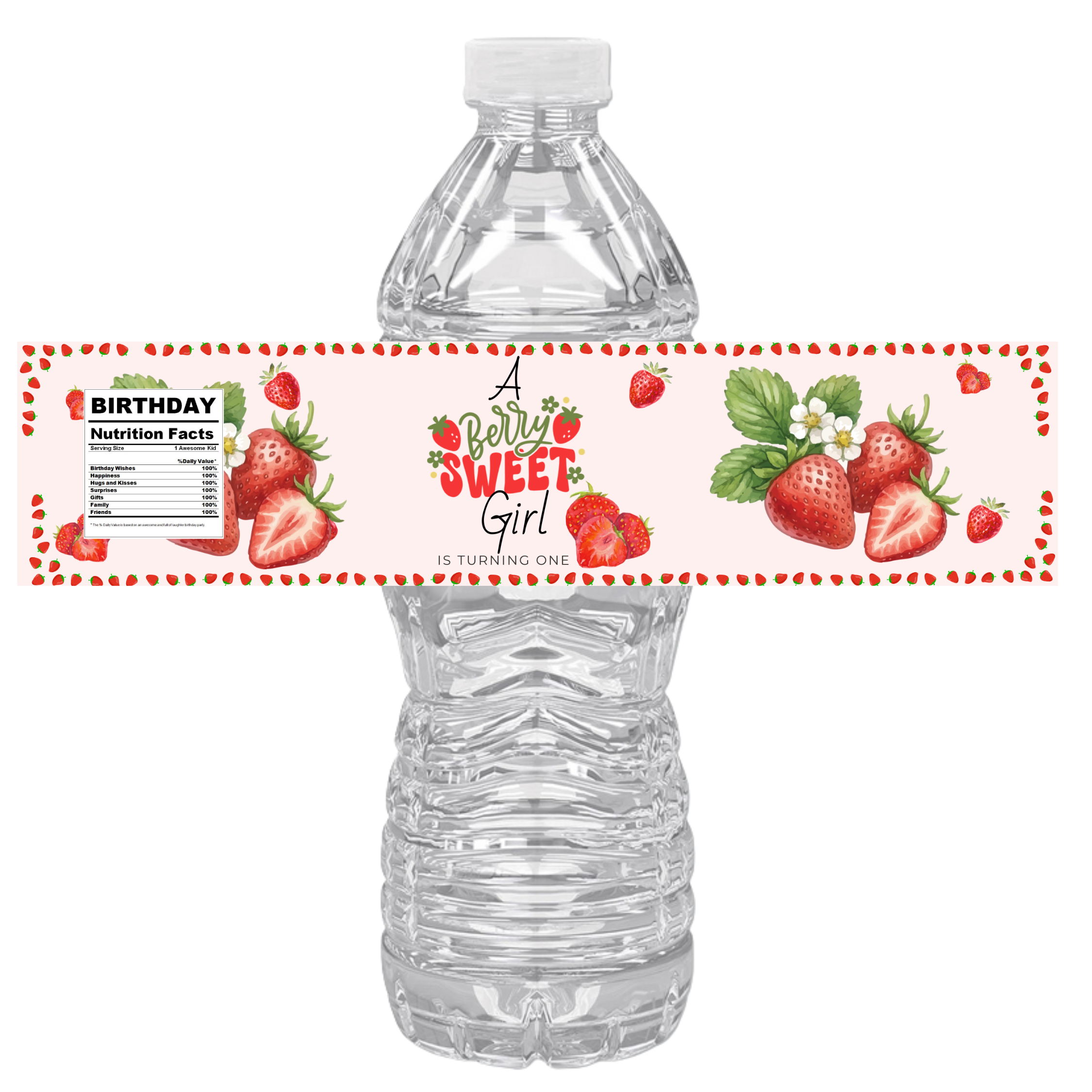 A Berry Sweet Girl Is Turning One | First Birthday Water Bottle Labels | Set Of 12 | Strawberry Theme| Custom Drink Wraps