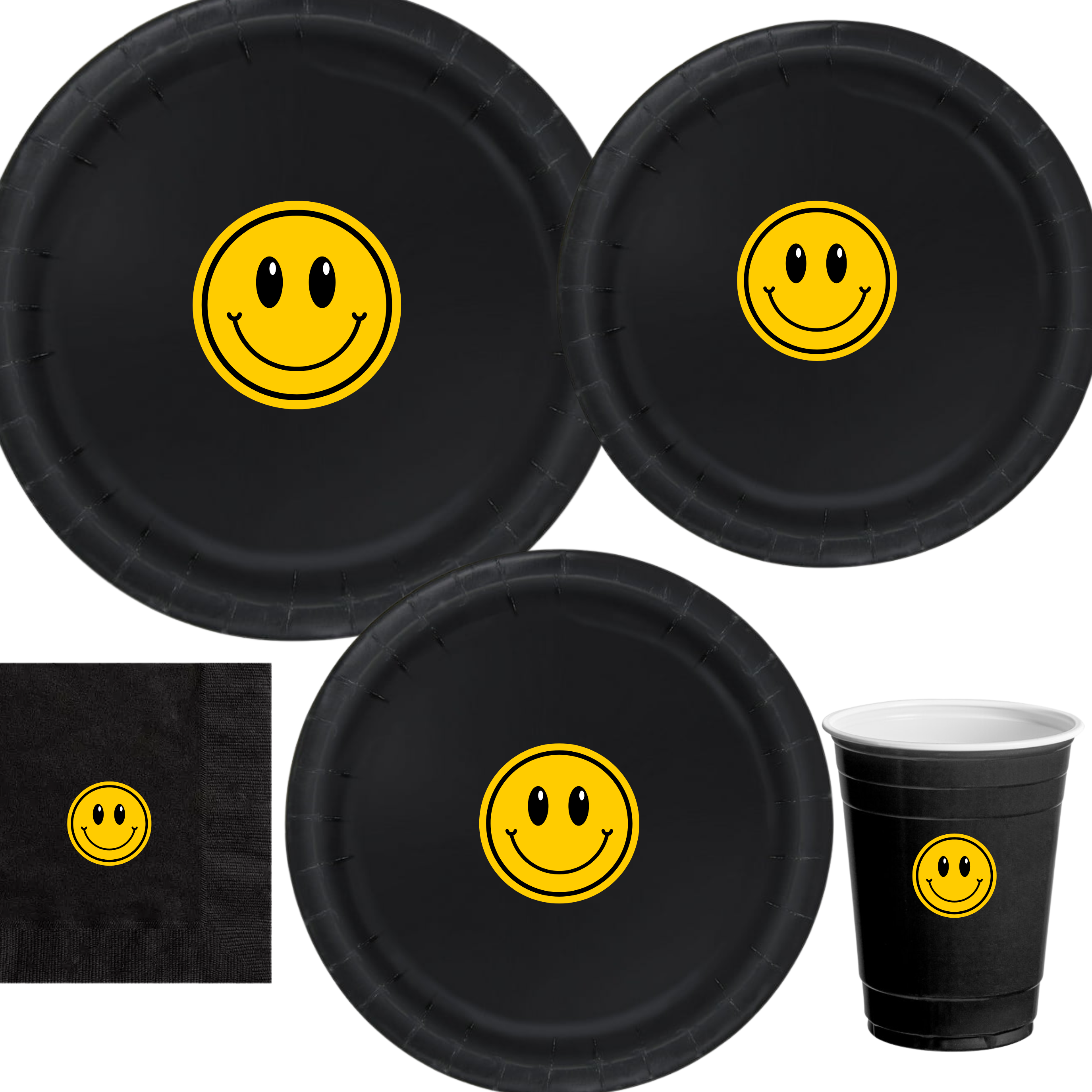 Smiley Face Birthday | Party Tableware Set | Disposable Dinnerware Kit | Happy Mood Design | Cups Napkins Bundle