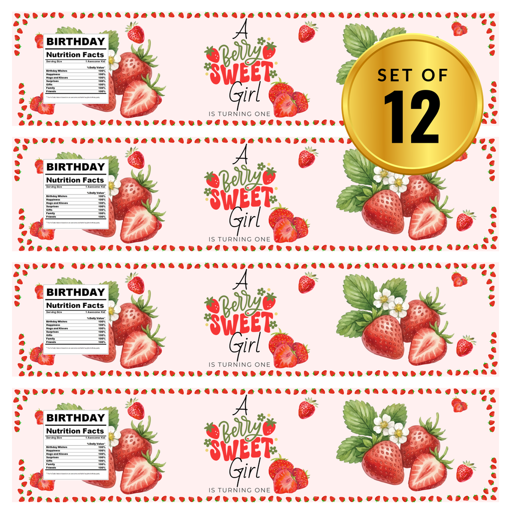 A Berry Sweet Girl Is Turning One | First Birthday Water Bottle Labels | Set Of 12 | Strawberry Theme| Custom Drink Wraps