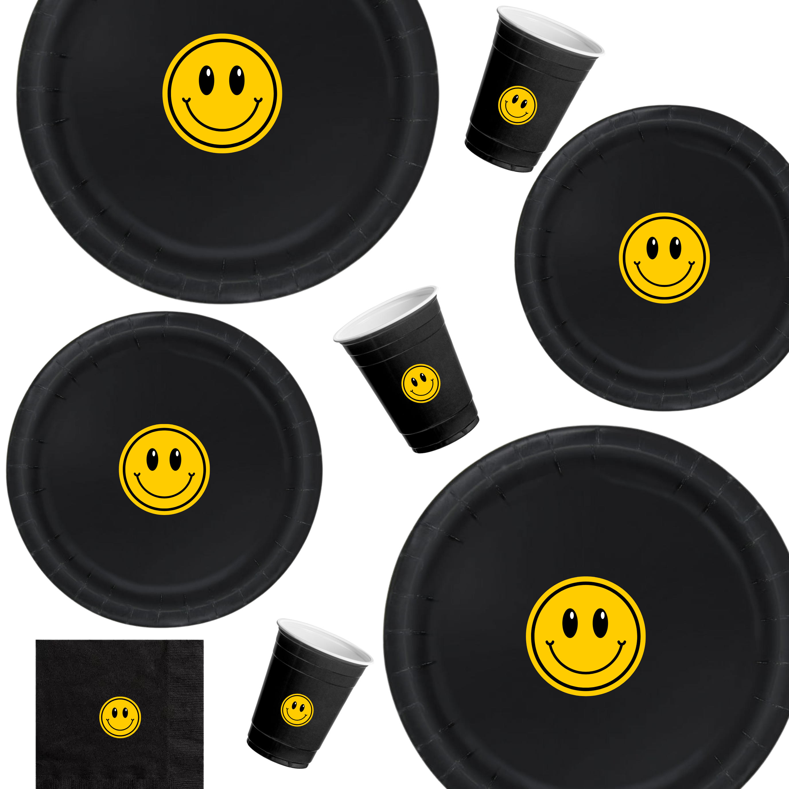 Smiley Face Birthday | Party Tableware Set | Disposable Dinnerware Kit | Happy Mood Design | Cups Napkins Bundle