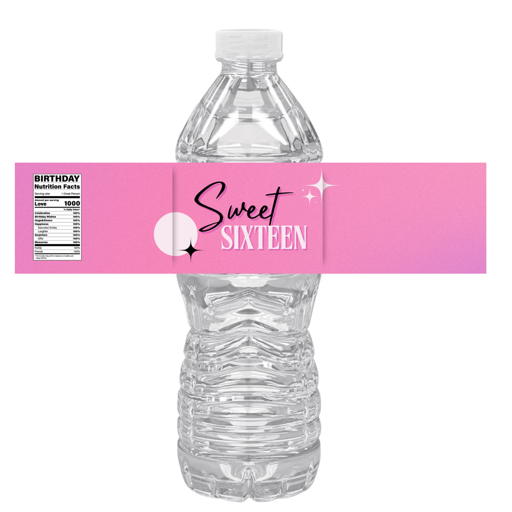 Sweet 16 Birthday Water Bottle Labels | Set Of 12 | Custom Drink Wraps| Milestone Favors