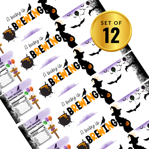 A Baby Is Brewing Halloween Baby Shower Water Bottle Labels |Set of 12| Glossy| Spooky Theme