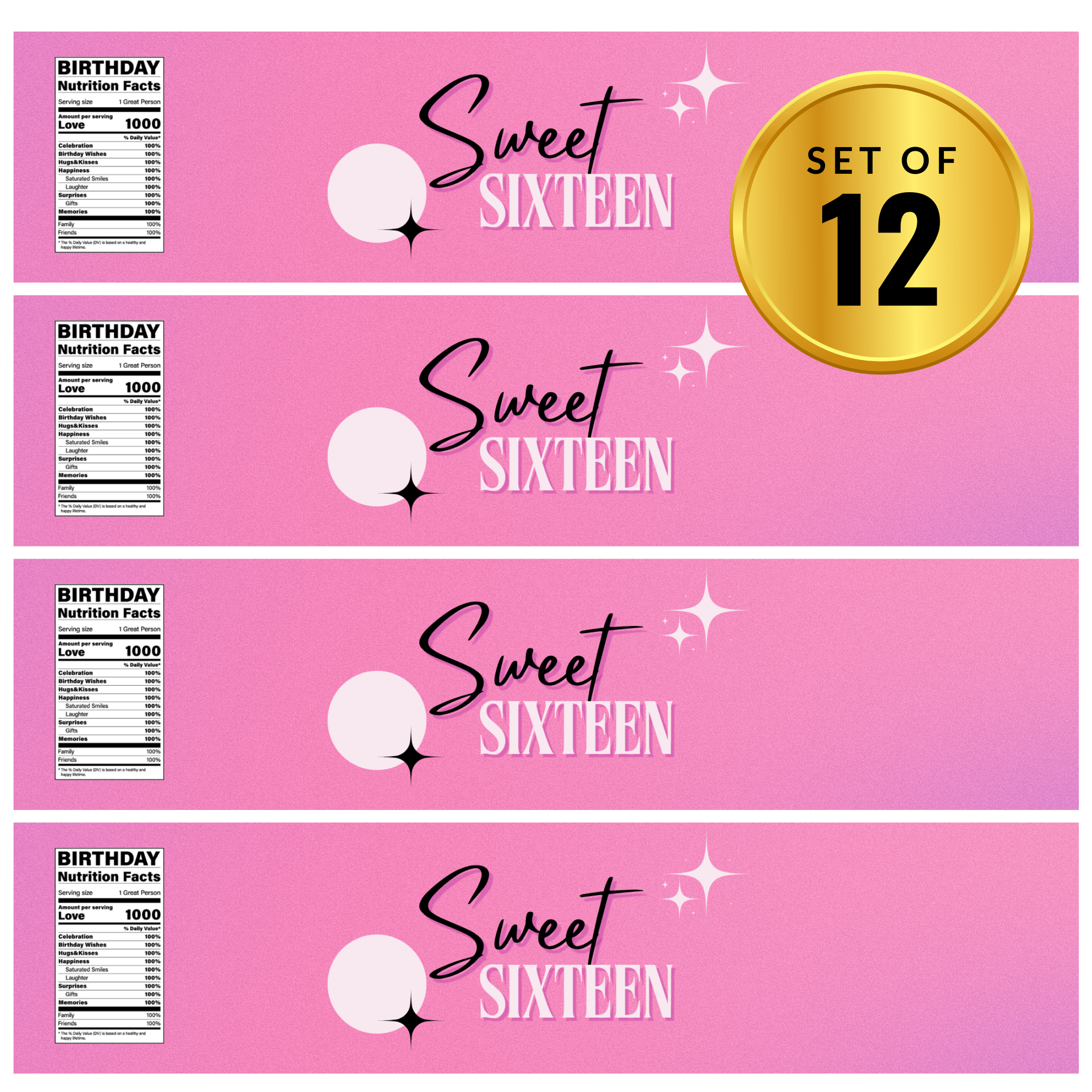 Sweet 16 Birthday Water Bottle Labels | Set Of 12 | Custom Drink Wraps| Milestone Favors