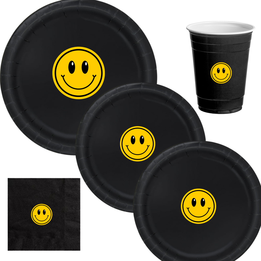 Smiley Face Birthday | Party Tableware Set | Disposable Dinnerware Kit | Happy Mood Design | Cups Napkins Bundle