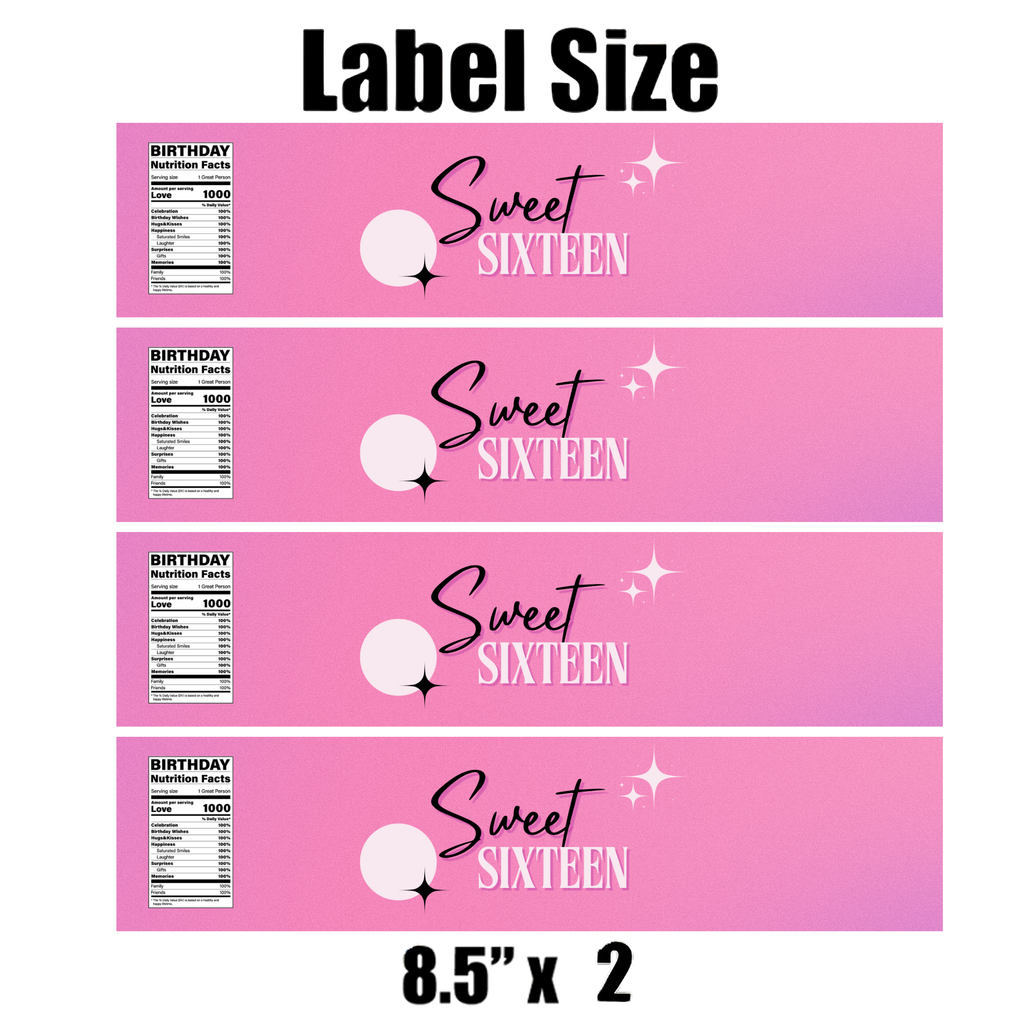 Sweet 16 Birthday Water Bottle Labels | Set Of 12 | Custom Drink Wraps| Milestone Favors