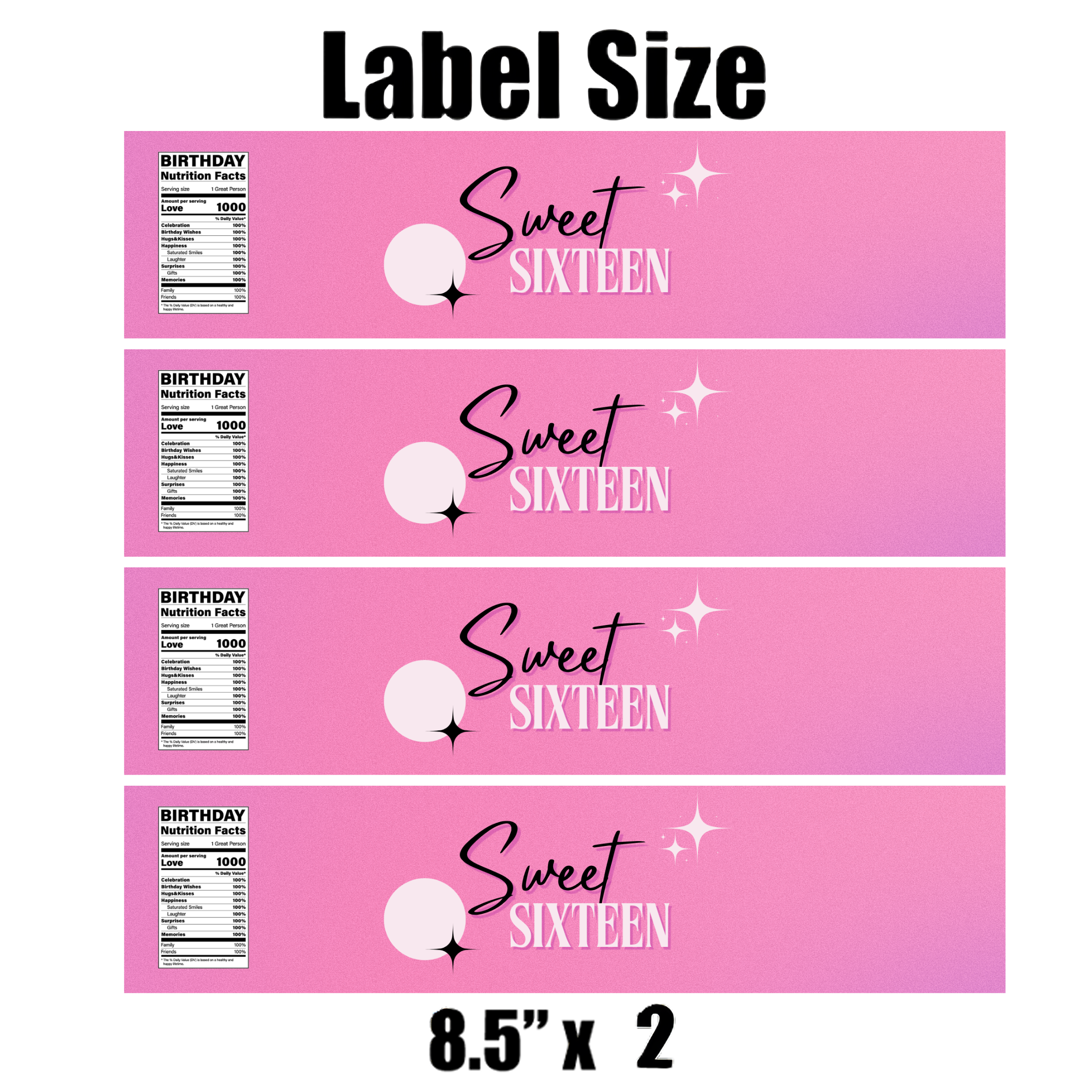 Sweet 16 Birthday Water Bottle Labels | Set Of 12 | Custom Drink Wraps| Milestone Favors