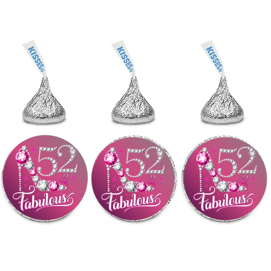 52nd Birthday Party Mini Kiss Candy Labels | Chocolate Candy Stickers | 52 And Fabulous | Elegant Party Favors| Set of 100