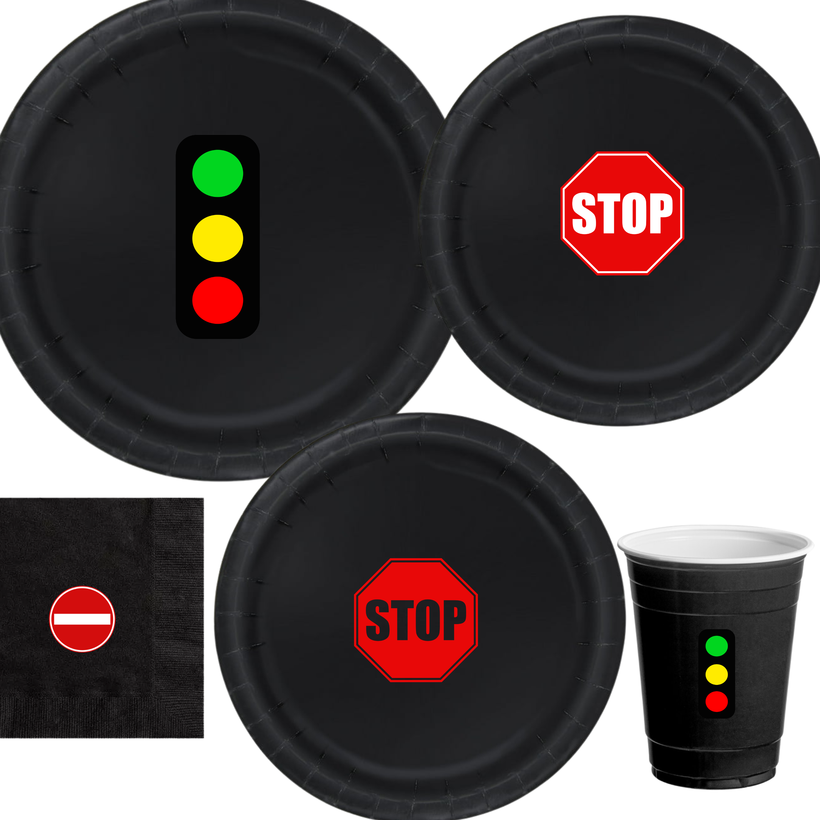 Traffic Lights Party | Birthday Tableware Set | Disposable Dinnerware Kit | Road Sign Design | Cups Napkins Bundle | Car Theme Decor