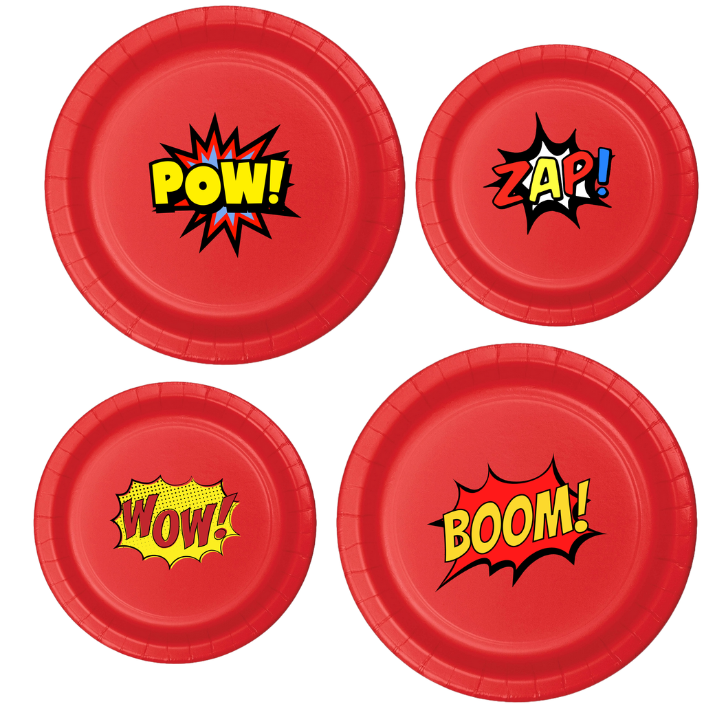Superhero Birthday Party | Disposable Plates Set | Comic Book Theme | Boom Zap Pow Wow | Matching Party Supplies