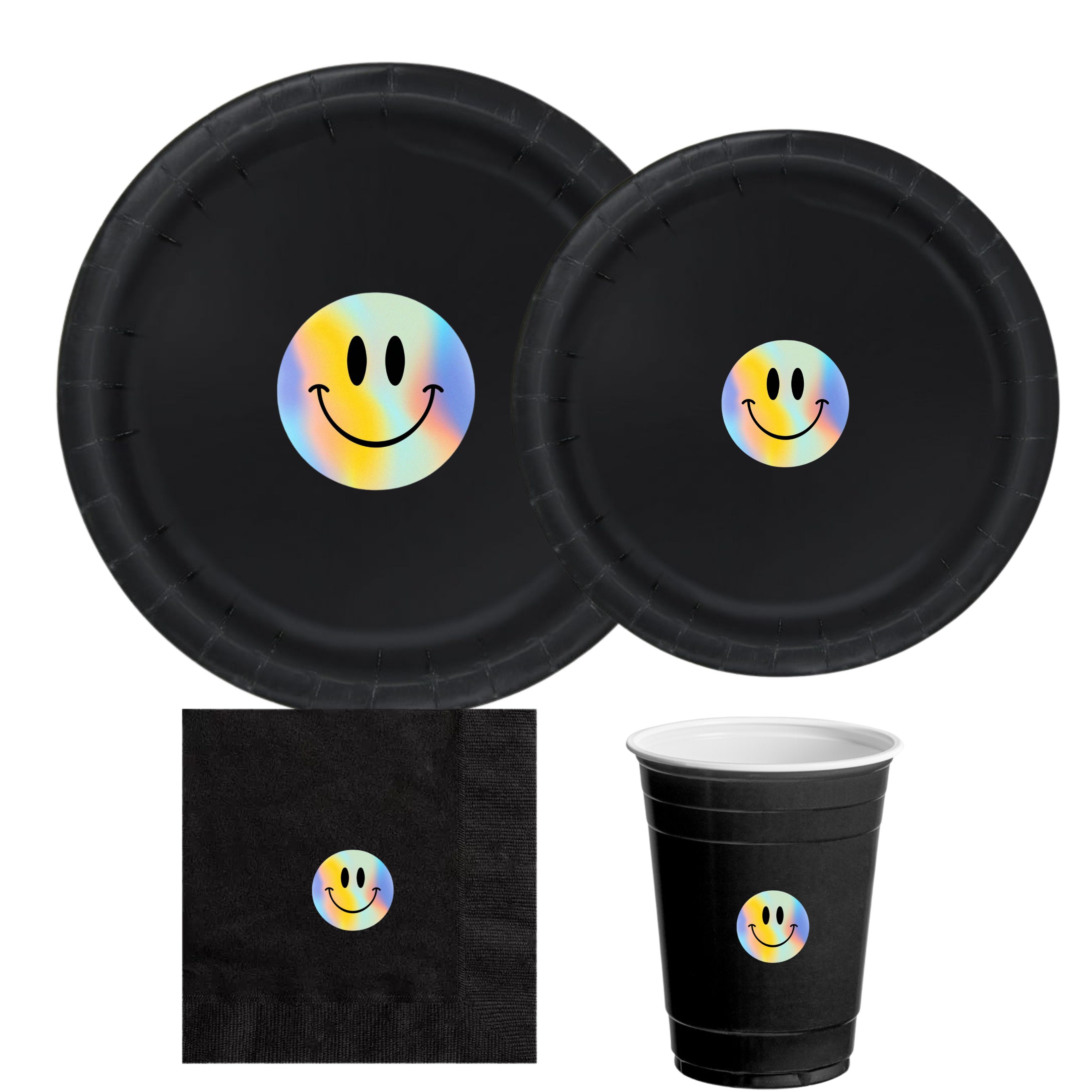 Holographic Smile Party | Disposable Plates Set | Happy Birthday Decor | Shimmer Face Theme | Matching Party Supplies