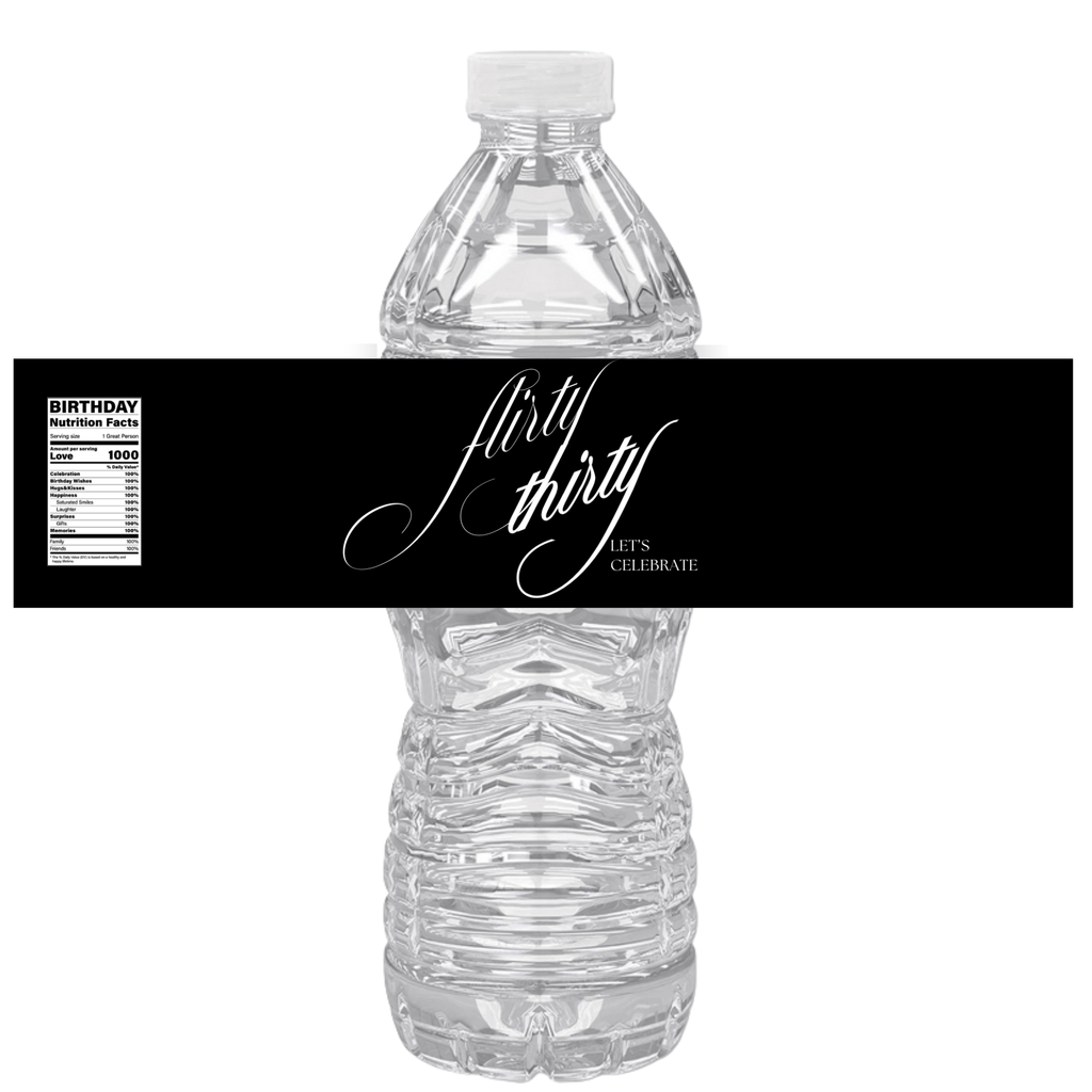 Flirty Thirty Birthday Water Bottle Labels | Set Of 12 | 30th Party Decor | Elegant Celebration Drinks | Drink Wraps Stylish | Milestone