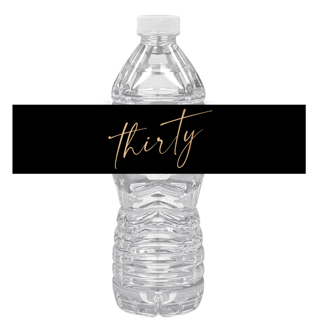 30th Birthday Party Water Bottle Labels | Set Of 12 | Thirty Script Design | Gold Cursive Theme | Drink Wraps