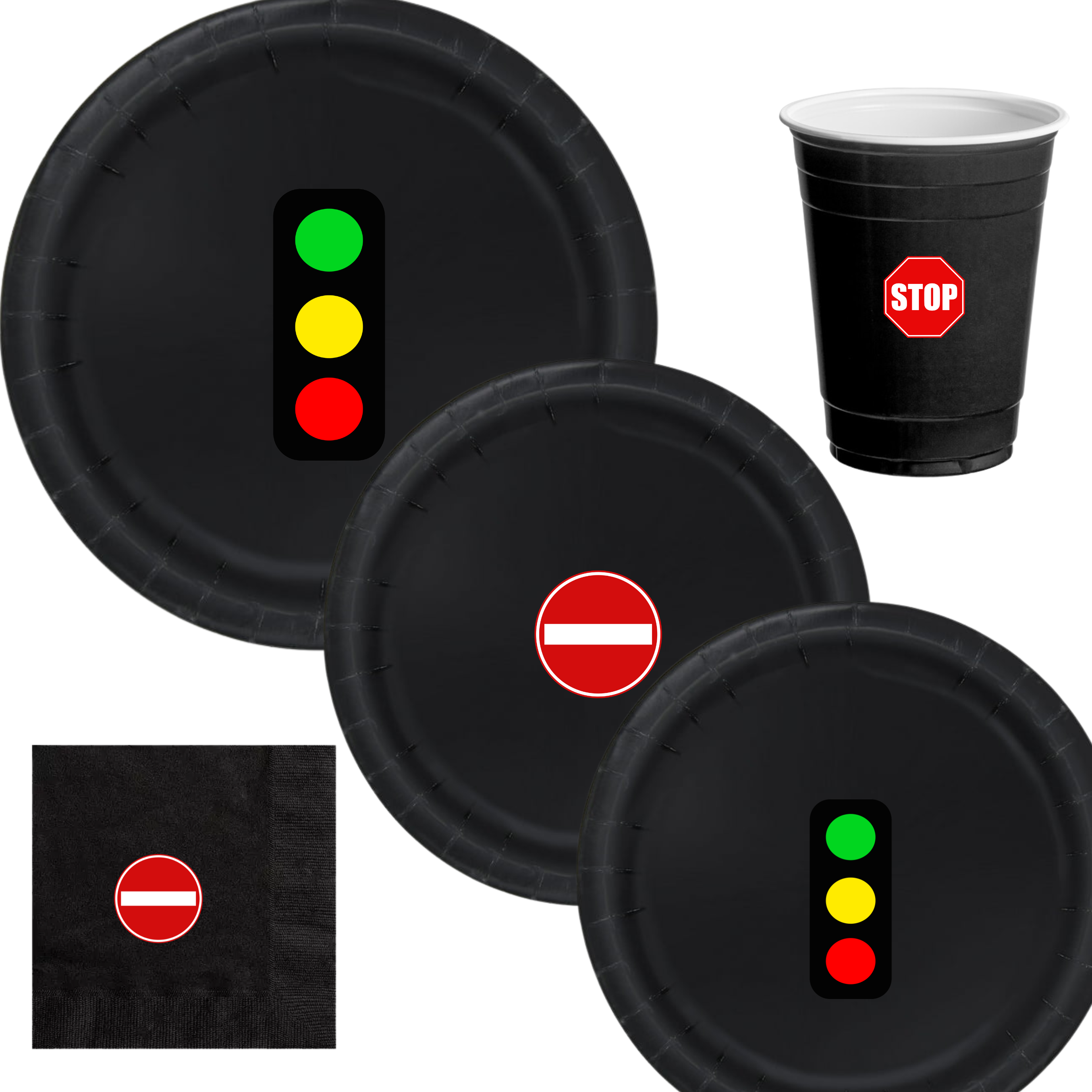 Traffic Lights Party | Birthday Tableware Set | Disposable Dinnerware Kit | Road Sign Design | Cups Napkins Bundle | Car Theme Decor