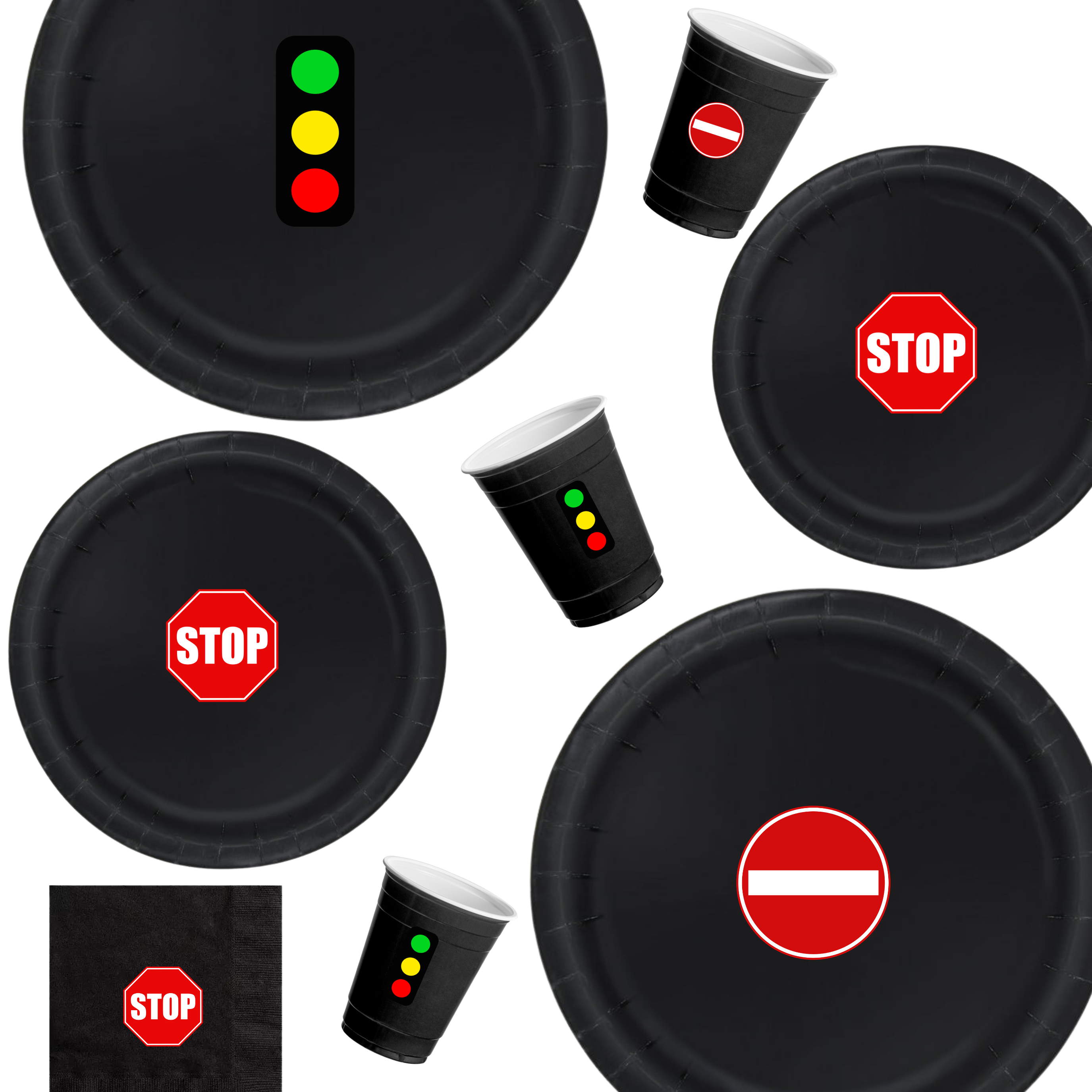Traffic Lights Party | Birthday Tableware Set | Disposable Dinnerware Kit | Road Sign Design | Cups Napkins Bundle | Car Theme Decor