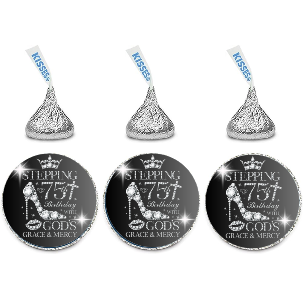 Elegant 75th Birthday Mini Kiss Candy Labels | Chocolate Candy Stickers | Stepping Into 75th birthday with gods grace and mercy | Set of 100