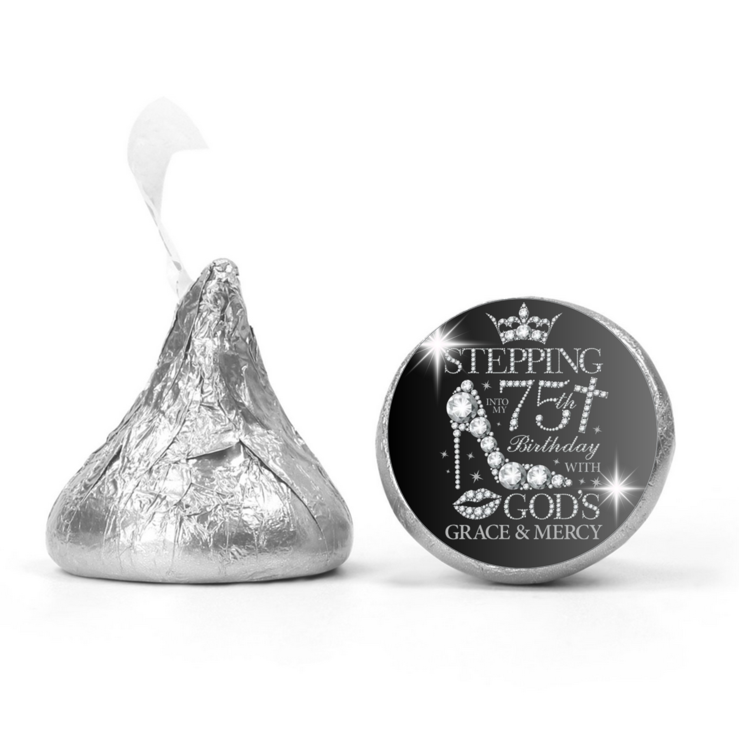 Elegant 75th Birthday Mini Kiss Candy Labels | Chocolate Candy Stickers | Stepping Into 75th birthday with gods grace and mercy | Set of 100