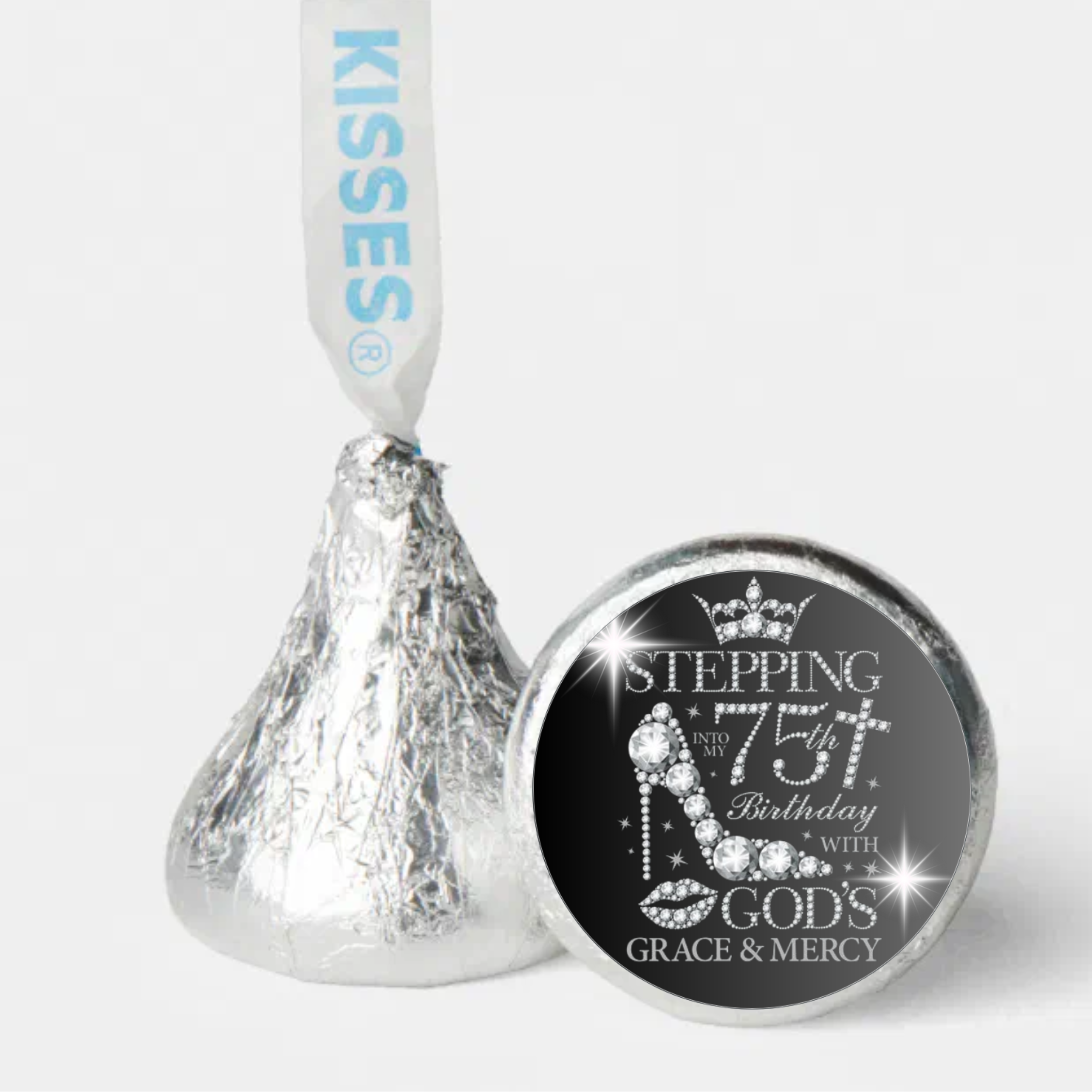Elegant 75th Birthday Mini Kiss Candy Labels | Chocolate Candy Stickers | Stepping Into 75th birthday with gods grace and mercy | Set of 100