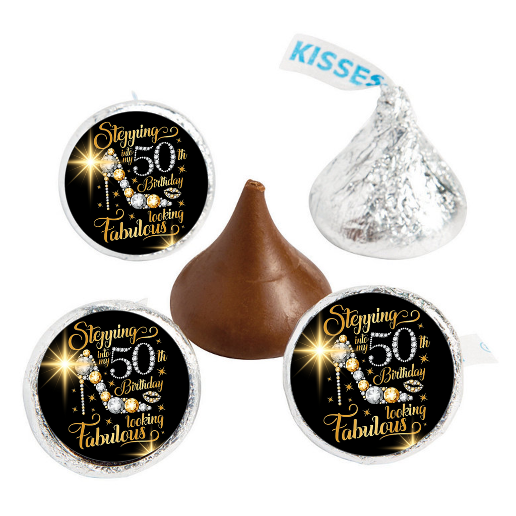 50th Birthday Party Mini Kiss Labels | Chocolate Candy Stickers | Stepping Into 50th Looking Fabulous| Glossy | Set of 100