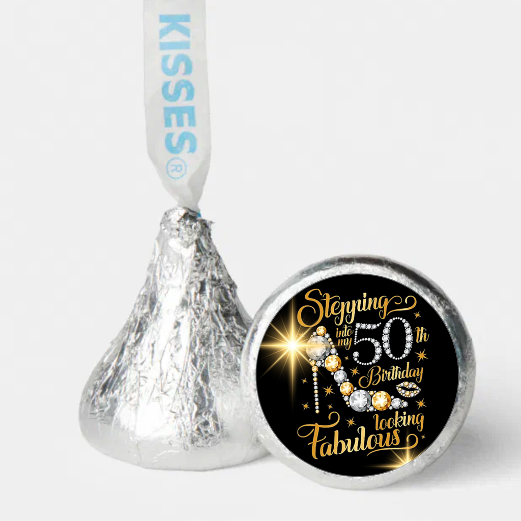 50th Birthday Party Mini Kiss Labels | Chocolate Candy Stickers | Stepping Into 50th Looking Fabulous| Glossy | Set of 100