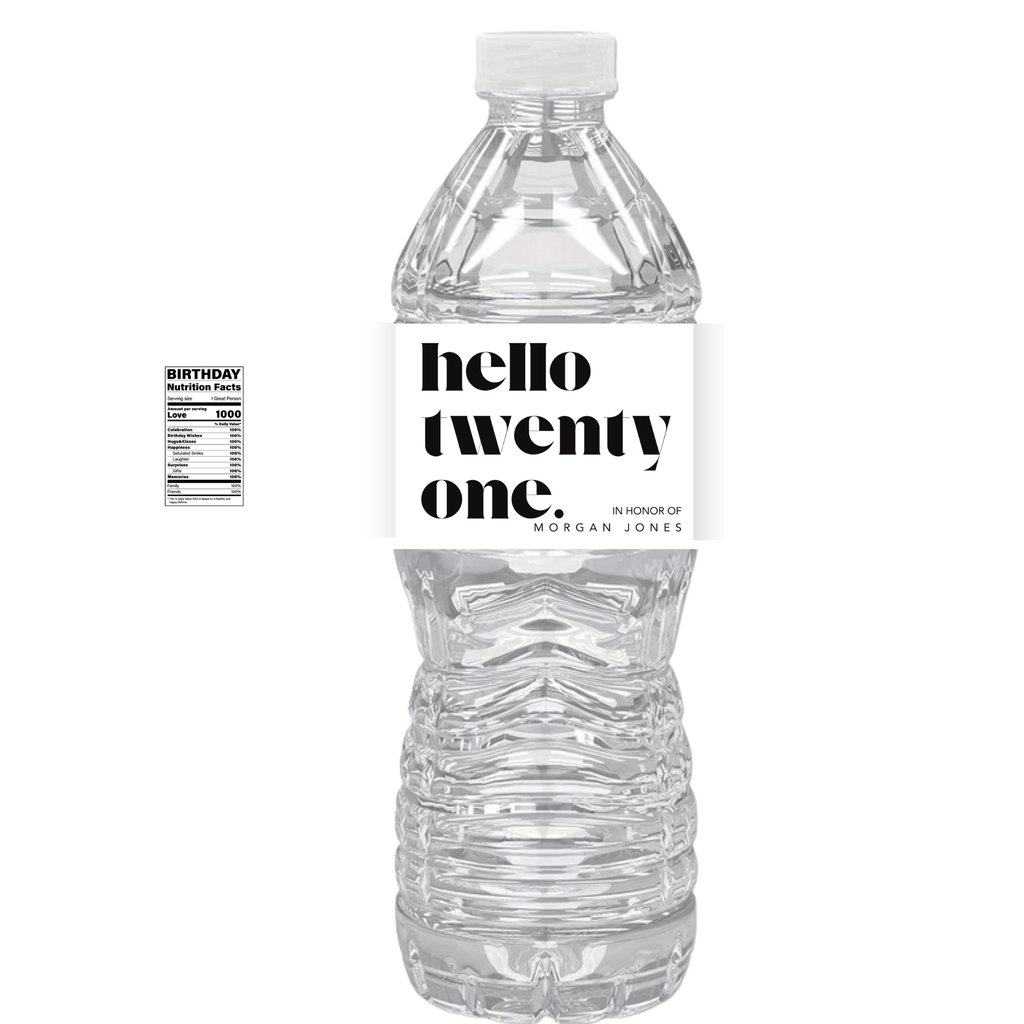 Hello Twenty One | Birthday Water Bottle Labels | Personalized Name | Twenty First Birthday Party Favors | Set of 12 | Drink Wraps