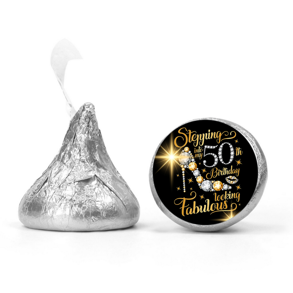 50th Birthday Party Mini Kiss Labels | Chocolate Candy Stickers | Stepping Into 50th Looking Fabulous| Glossy | Set of 100