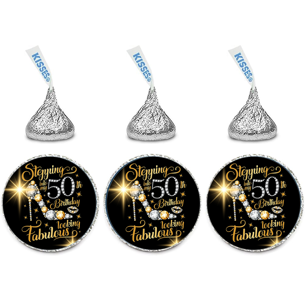 50th Birthday Party Mini Kiss Labels | Chocolate Candy Stickers | Stepping Into 50th Looking Fabulous| Glossy | Set of 100