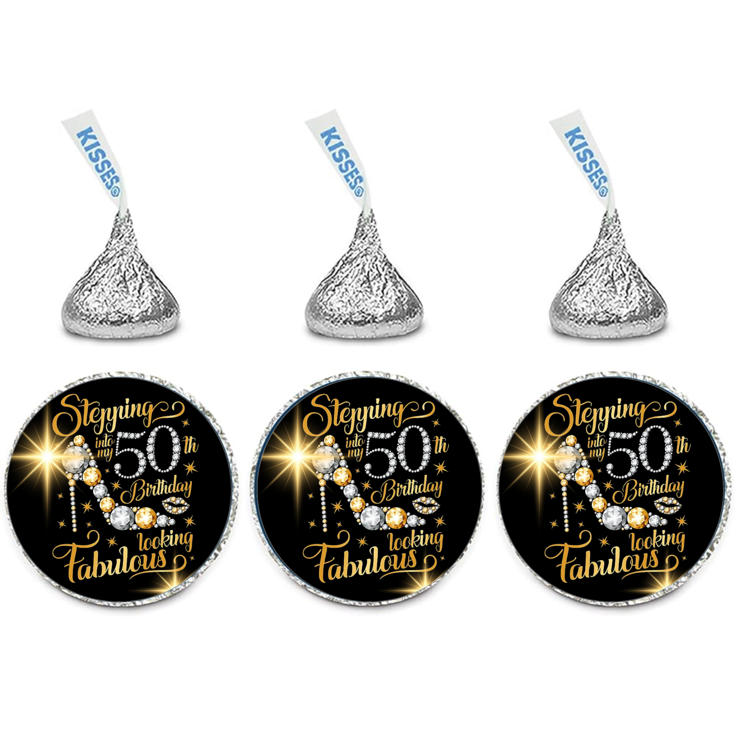 50th Birthday Party Mini Kiss Labels | Chocolate Candy Stickers | Stepping Into 50th Looking Fabulous| Glossy | Set of 100
