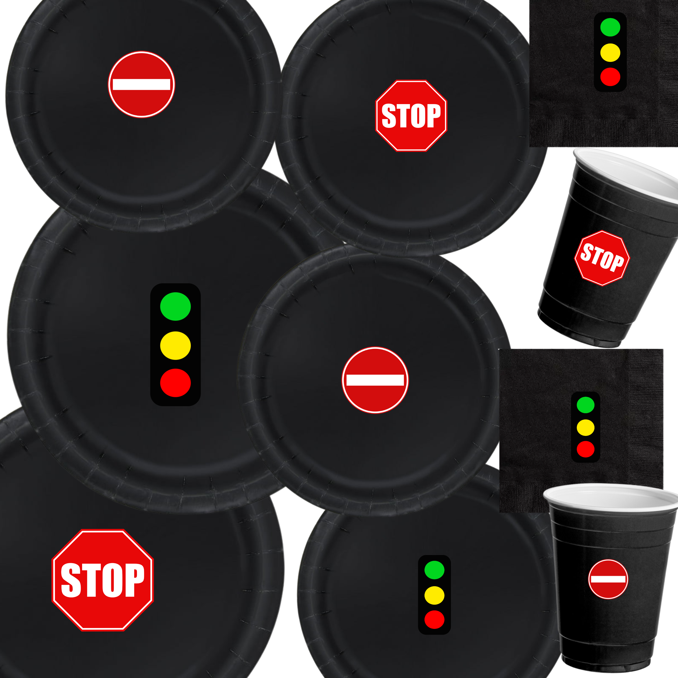 Traffic Lights Party | Birthday Tableware Set | Disposable Dinnerware Kit | Road Sign Design | Cups Napkins Bundle | Car Theme Decor
