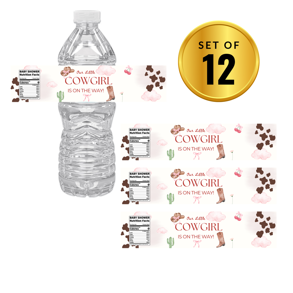 Our Little Cowgirl Is On The Way Water Bottle Labels | Cowgirl Baby Shower Theme | Fun Nutrition Facts Panel | 12 PCS | Glossy