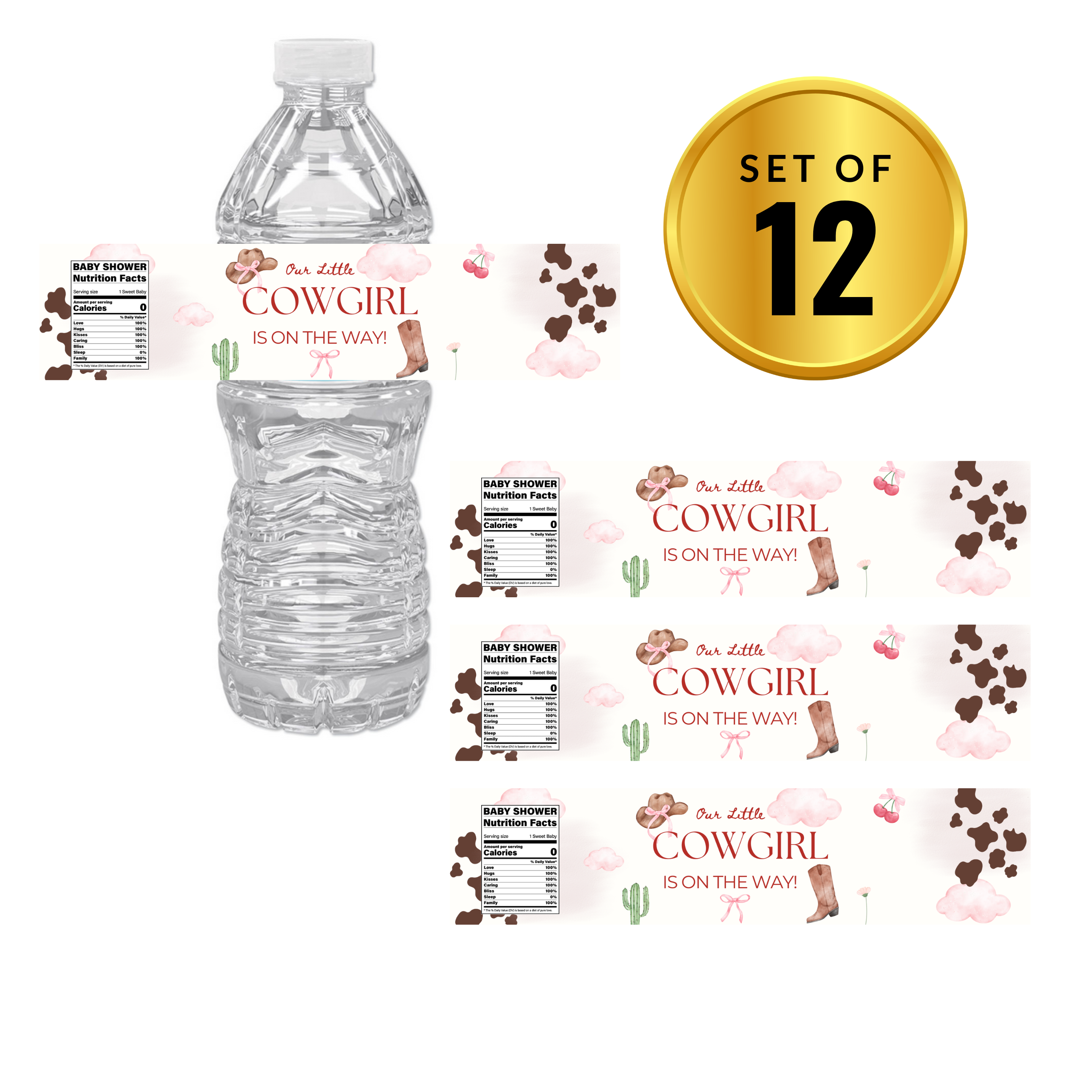 Our Little Cowgirl Is On The Way Water Bottle Labels | Cowgirl Baby Shower Theme | Fun Nutrition Facts Panel | 12 PCS | Glossy