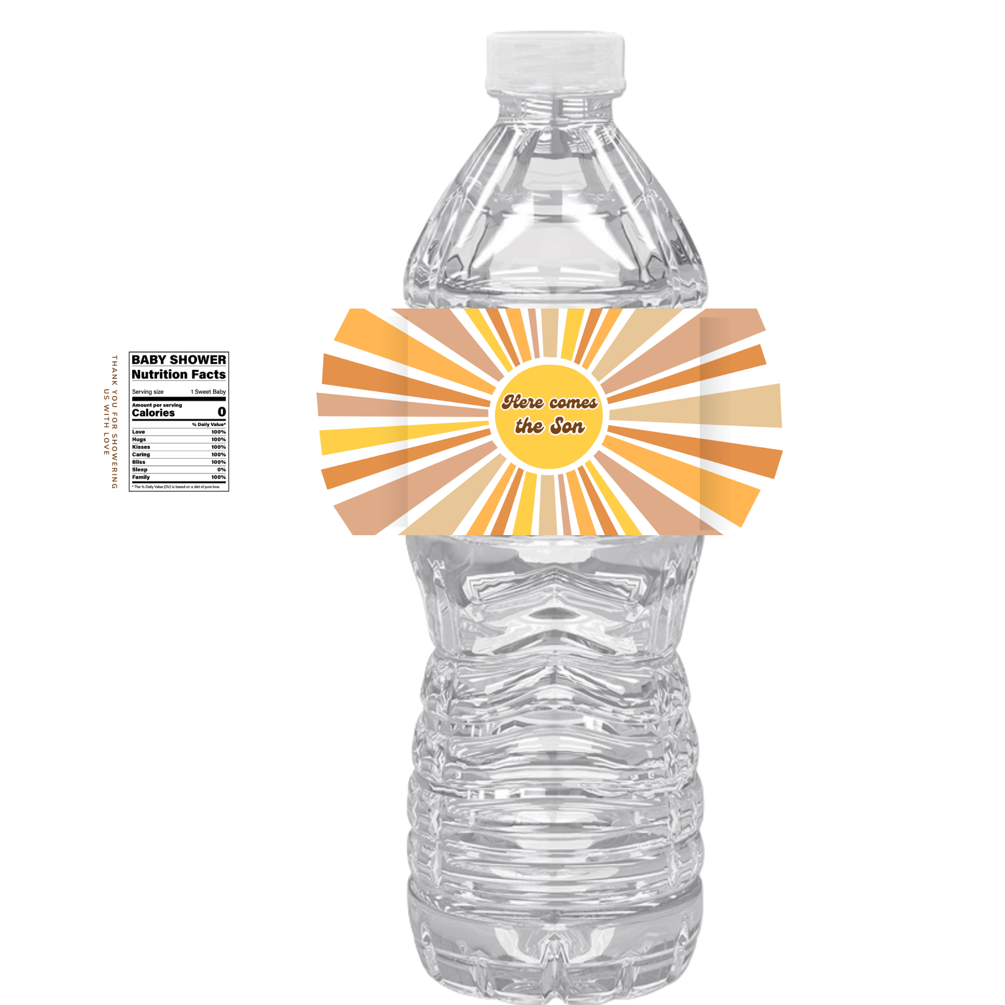 Here Comes The Sun Baby Shower Water Bottle Labels | Set Of 12 | Boho Sunshine Theme | Colorful Sun Design | Party Drink Wraps