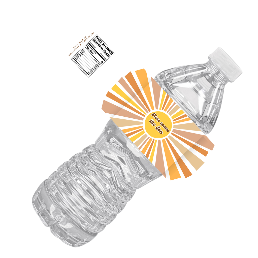 Here Comes The Sun Baby Shower Water Bottle Labels | Set Of 12 | Boho Sunshine Theme | Colorful Sun Design | Party Drink Wraps