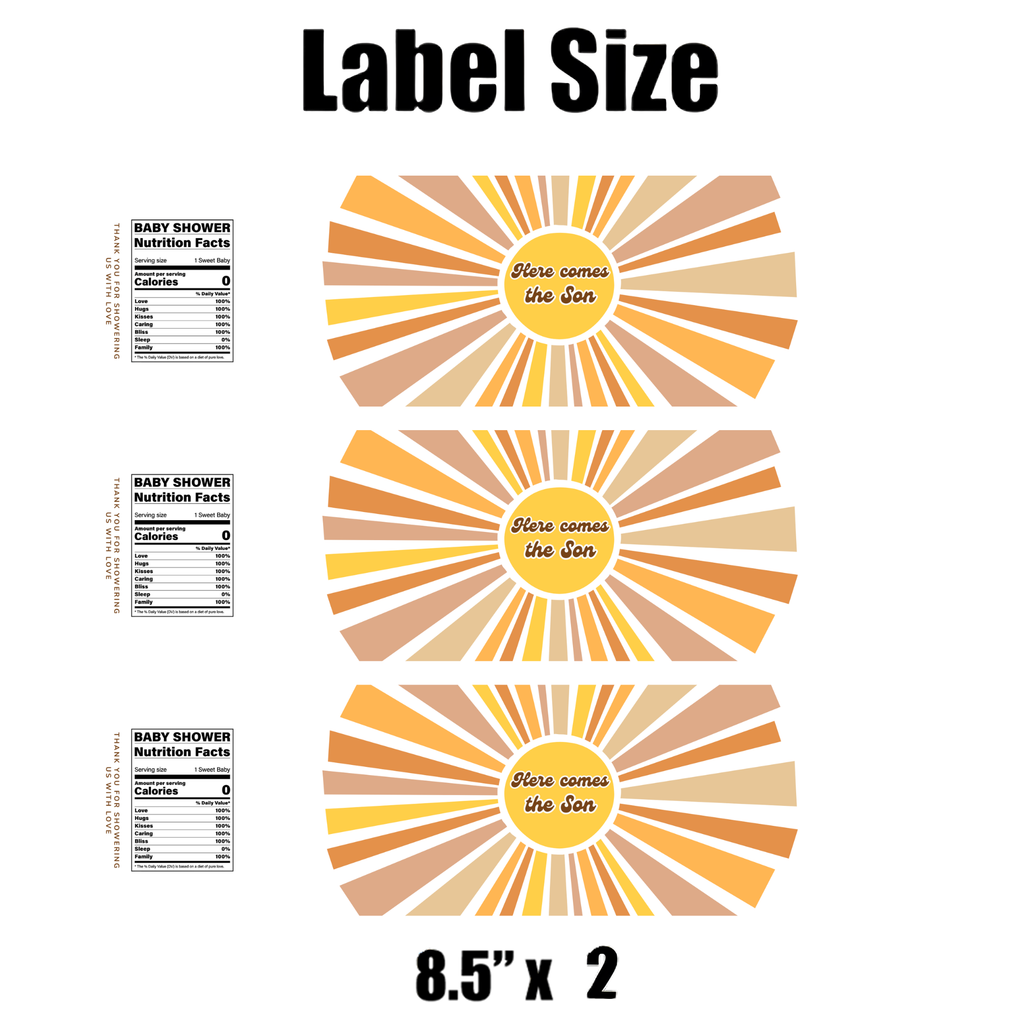 Here Comes The Sun Baby Shower Water Bottle Labels | Set Of 12 | Boho Sunshine Theme | Colorful Sun Design | Party Drink Wraps