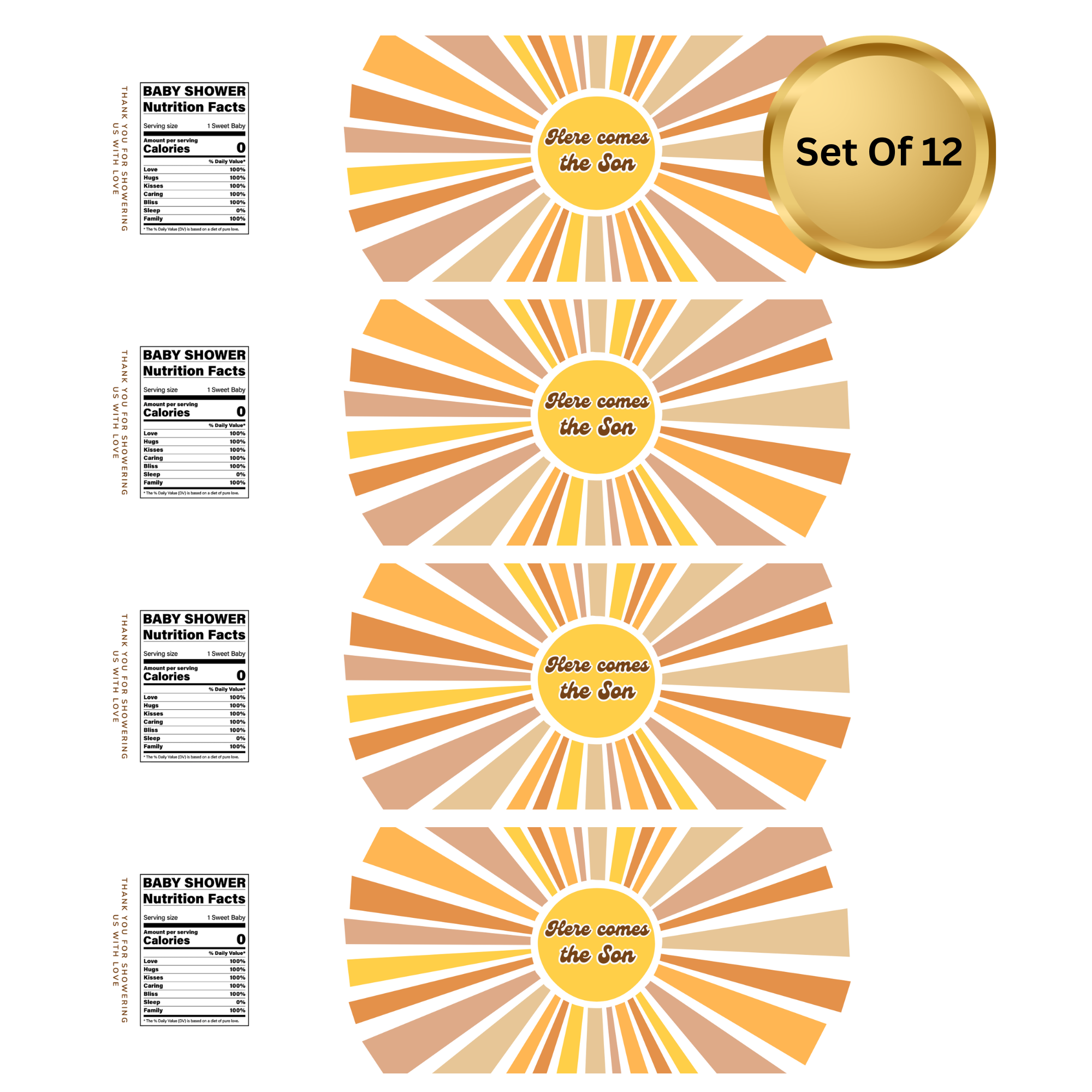 Here Comes The Sun Baby Shower Water Bottle Labels | Set Of 12 | Boho Sunshine Theme | Colorful Sun Design | Party Drink Wraps