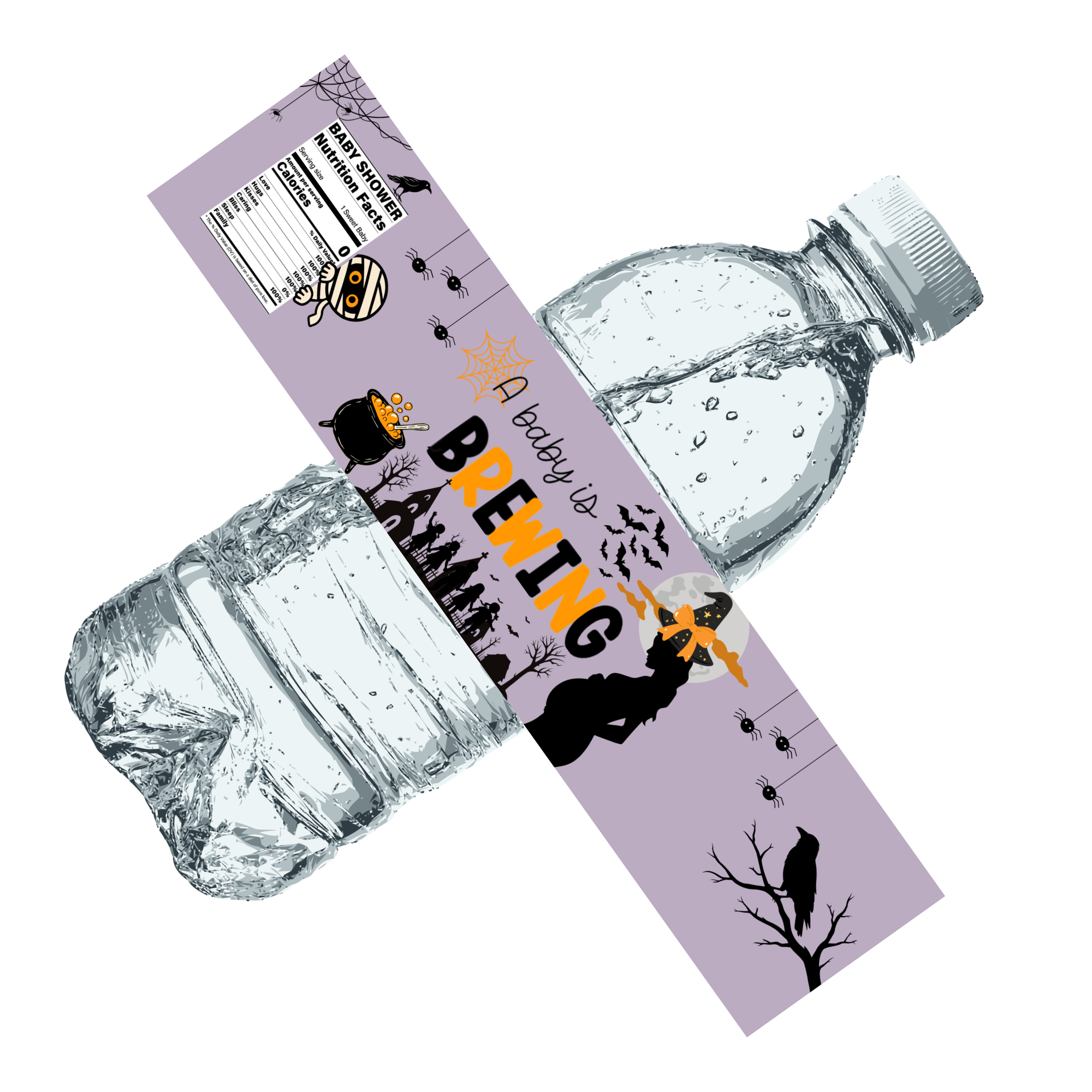 A Baby Is Brewing Water Bottle Labels |Purple Spooky Scene| Set of 12| Glossy| 8.5 x 2