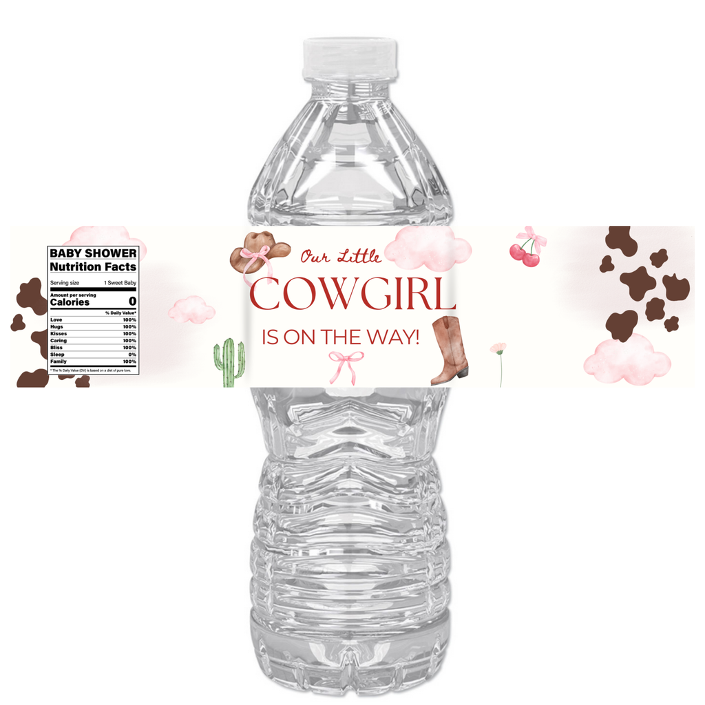 Our Little Cowgirl Is On The Way Water Bottle Labels | Cowgirl Baby Shower Theme | Fun Nutrition Facts Panel | 12 PCS | Glossy