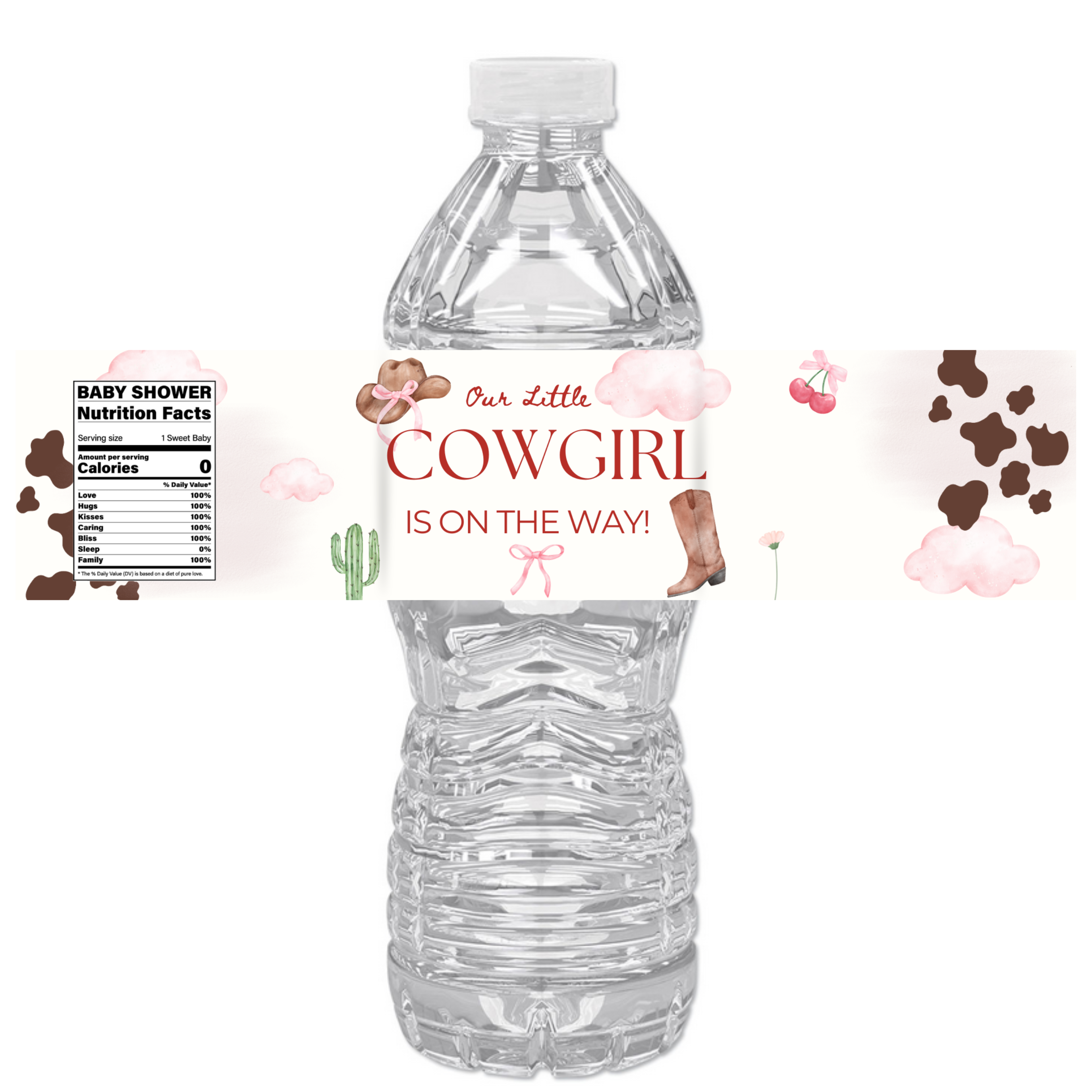 Our Little Cowgirl Is On The Way Water Bottle Labels | Cowgirl Baby Shower Theme | Fun Nutrition Facts Panel | 12 PCS | Glossy