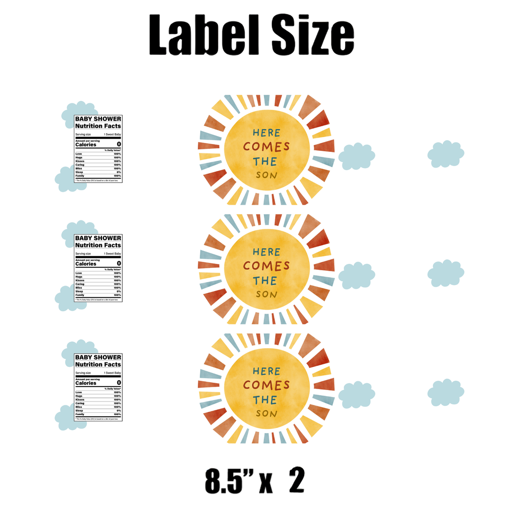 Here Comes The Son Baby Shower Water Bottle Labels | Set Of 12 | Colorful Sun Theme | Drink Wrap Favors