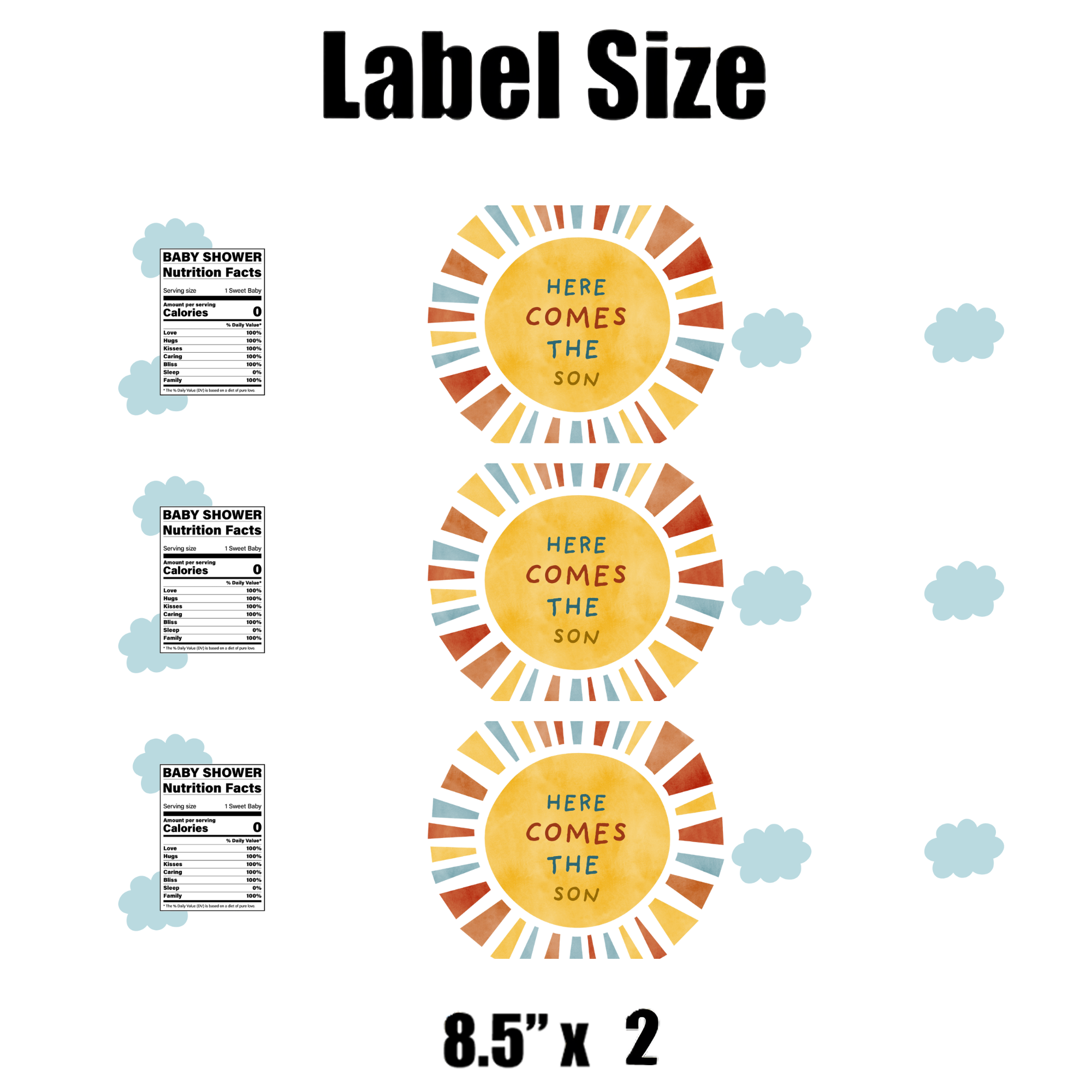 Here Comes The Son Baby Shower Water Bottle Labels | Set Of 12 | Colorful Sun Theme | Drink Wrap Favors