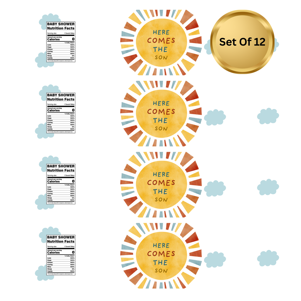 Here Comes The Son Baby Shower Water Bottle Labels | Set Of 12 | Colorful Sun Theme | Drink Wrap Favors