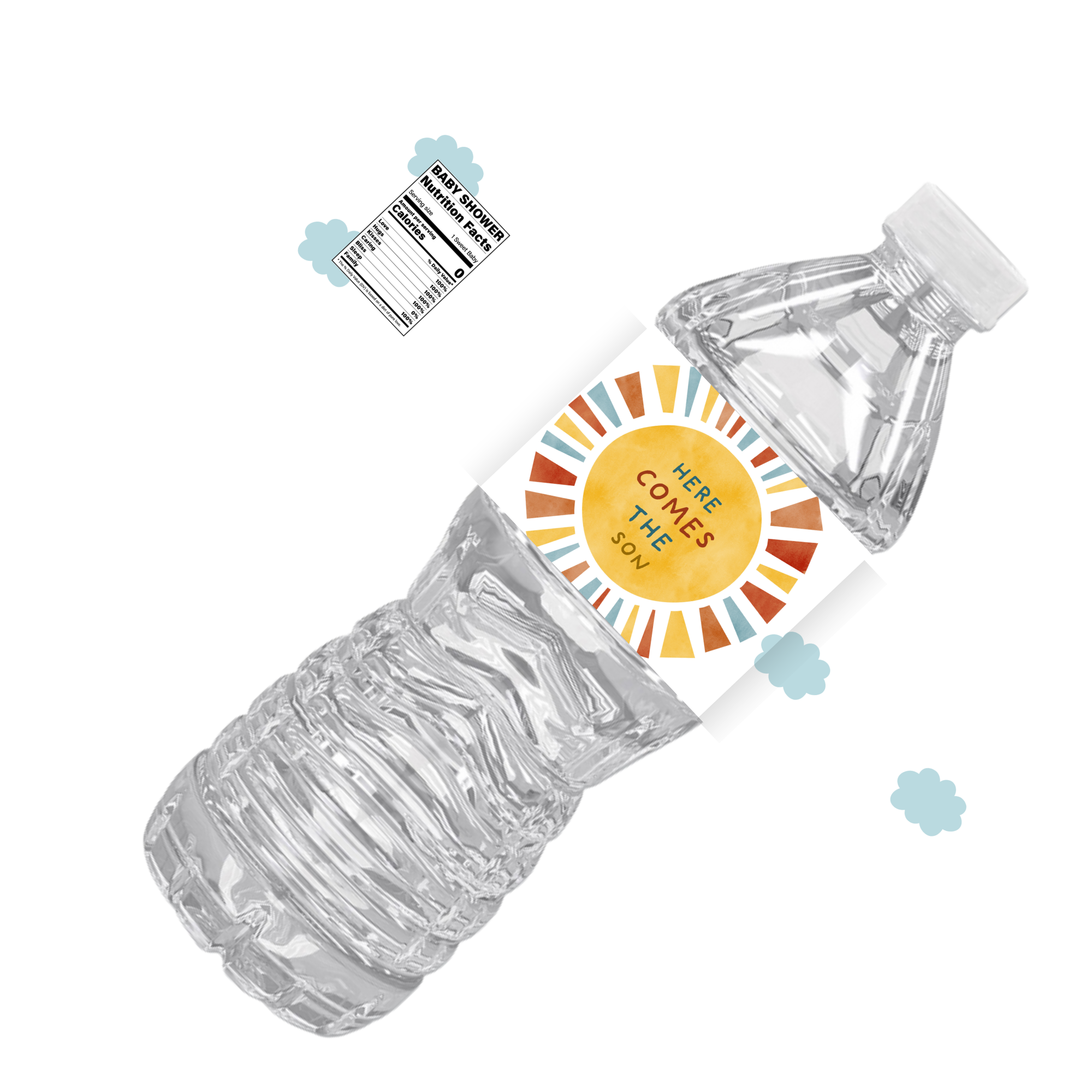 Here Comes The Son Baby Shower Water Bottle Labels | Set Of 12 | Colorful Sun Theme | Drink Wrap Favors