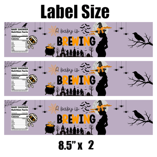 A Baby Is Brewing Water Bottle Labels |Purple Spooky Scene| Set of 12| Glossy| 8.5 x 2