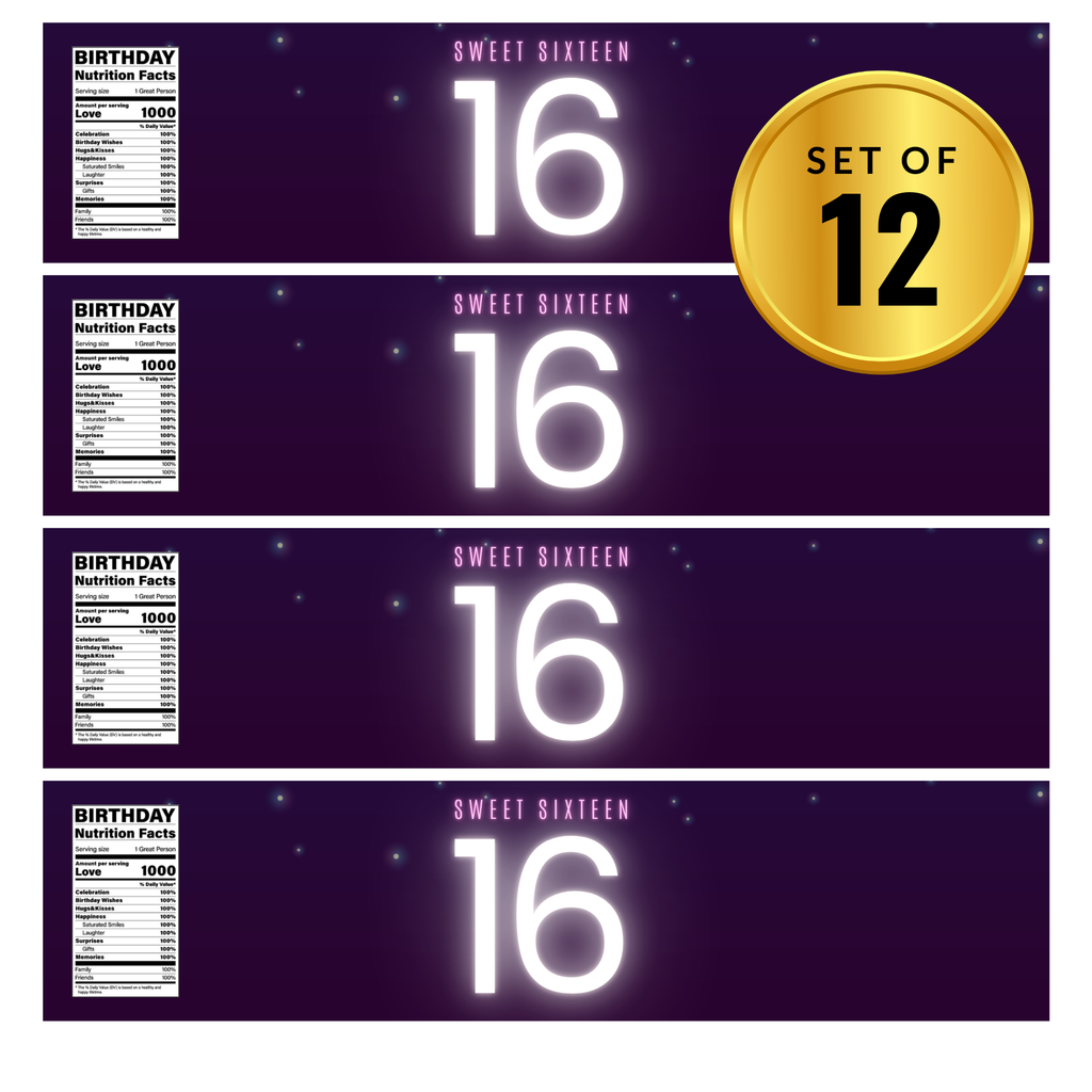Custom Sweet 16 Water Bottle Labels | Set Of 12 | Milestone Drink Wraps| 16 Birthday Bottle Wraps