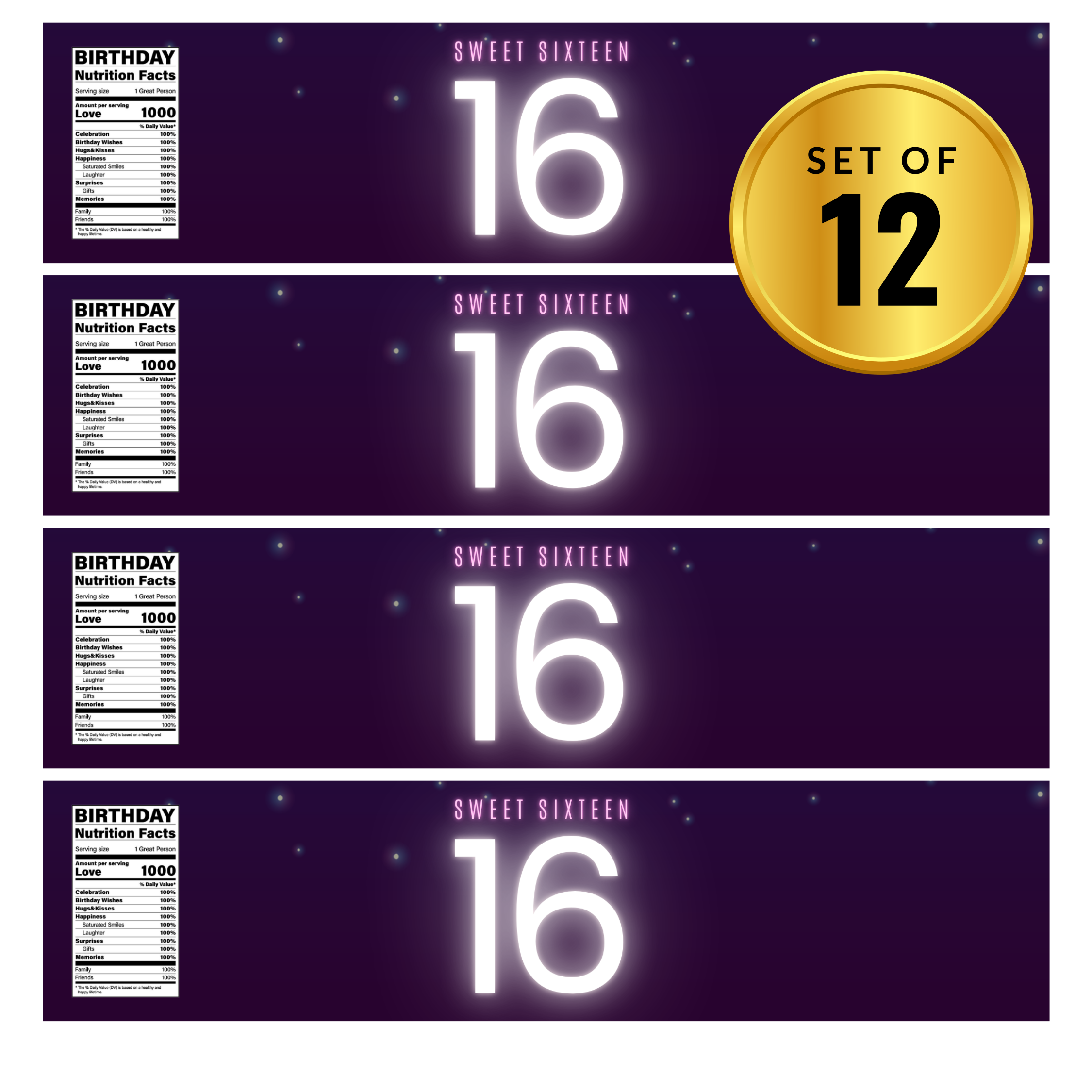 Custom Sweet 16 Water Bottle Labels | Set Of 12 | Milestone Drink Wraps| 16 Birthday Bottle Wraps