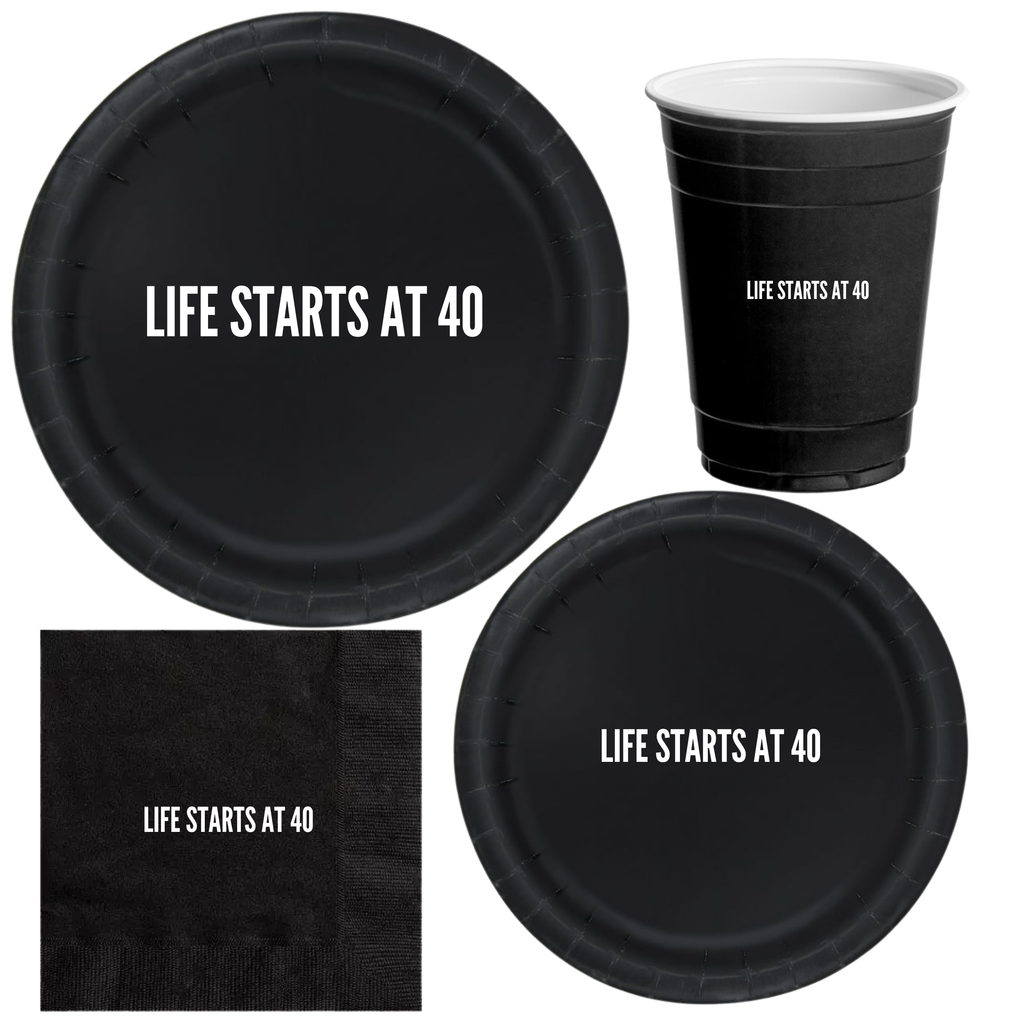 Life Starts at 40 Birthday Tableware Set | Black Plates with White Lettering | 40th Birthday Plates Cups & Napkins | 60 Piece
